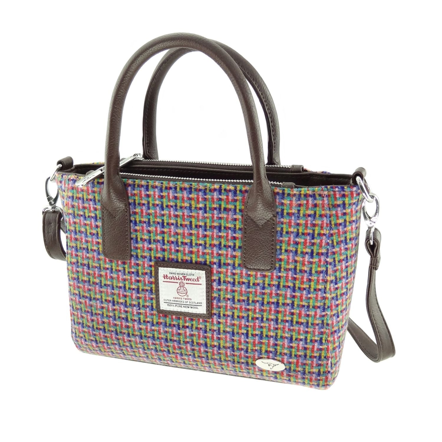 Brora Small Tote Bag with Shoulder Strap & Harris Tweed Purple Blue Check Fabric - COL116 | Harris Tweed Scotland