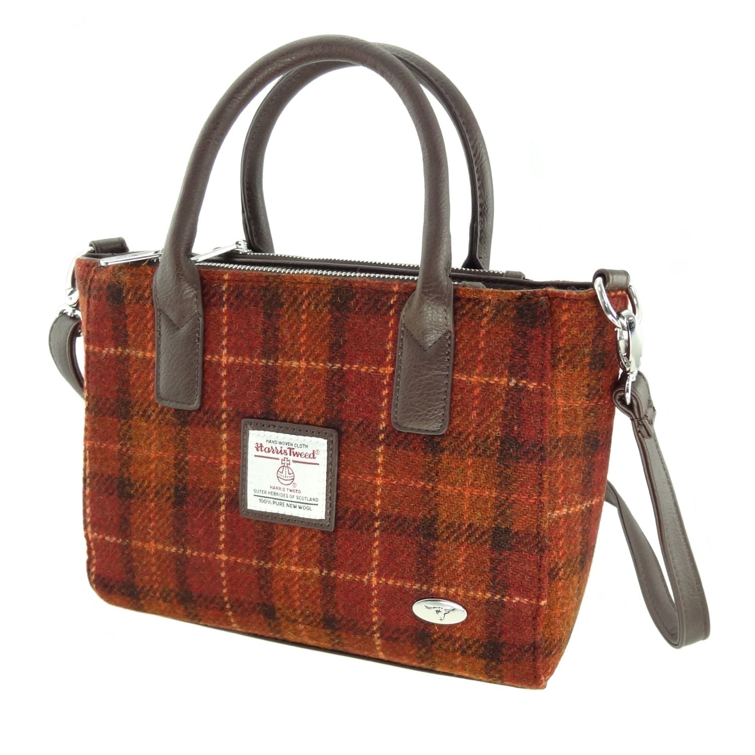 Brora Small Tote Bag with Shoulder Strap & Harris Tweed Brown Burnt Orange Check Fabric - COL117 | Harris Tweed Scotland