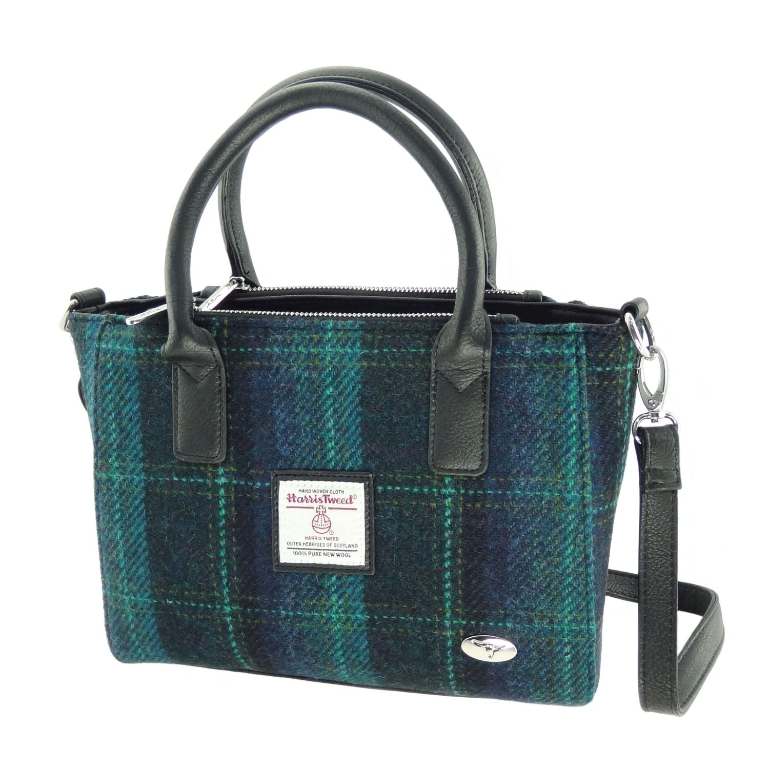 Brora Small Tote Bag with Shoulder Strap & Harris Tweed Navy Blue Check Fabric - COL119 | Harris Tweed Scotland