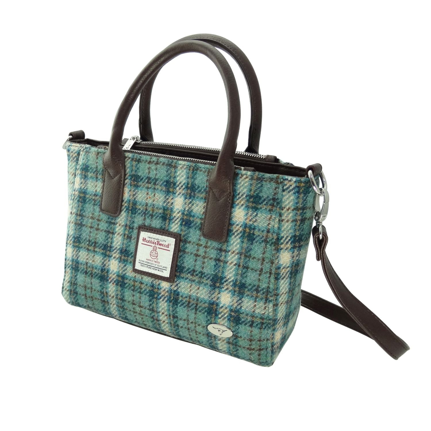 Brora Small Tote Bag with Shoulder Strap & Harris Tweed Blue & White Check Fabric - COL121 | Harris Tweed Scotland