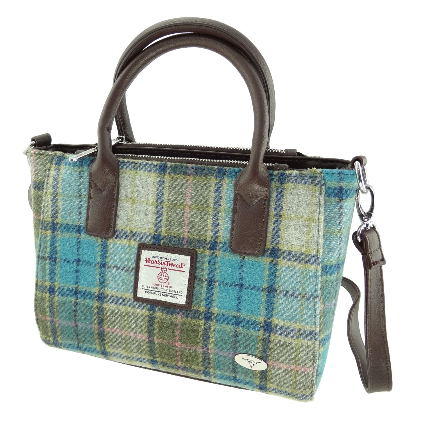 Brora Small Tote Bag with Shoulder Strap & Harris Tweed Blue Beige Check Fabric - COL122 | Harris Tweed Scotland