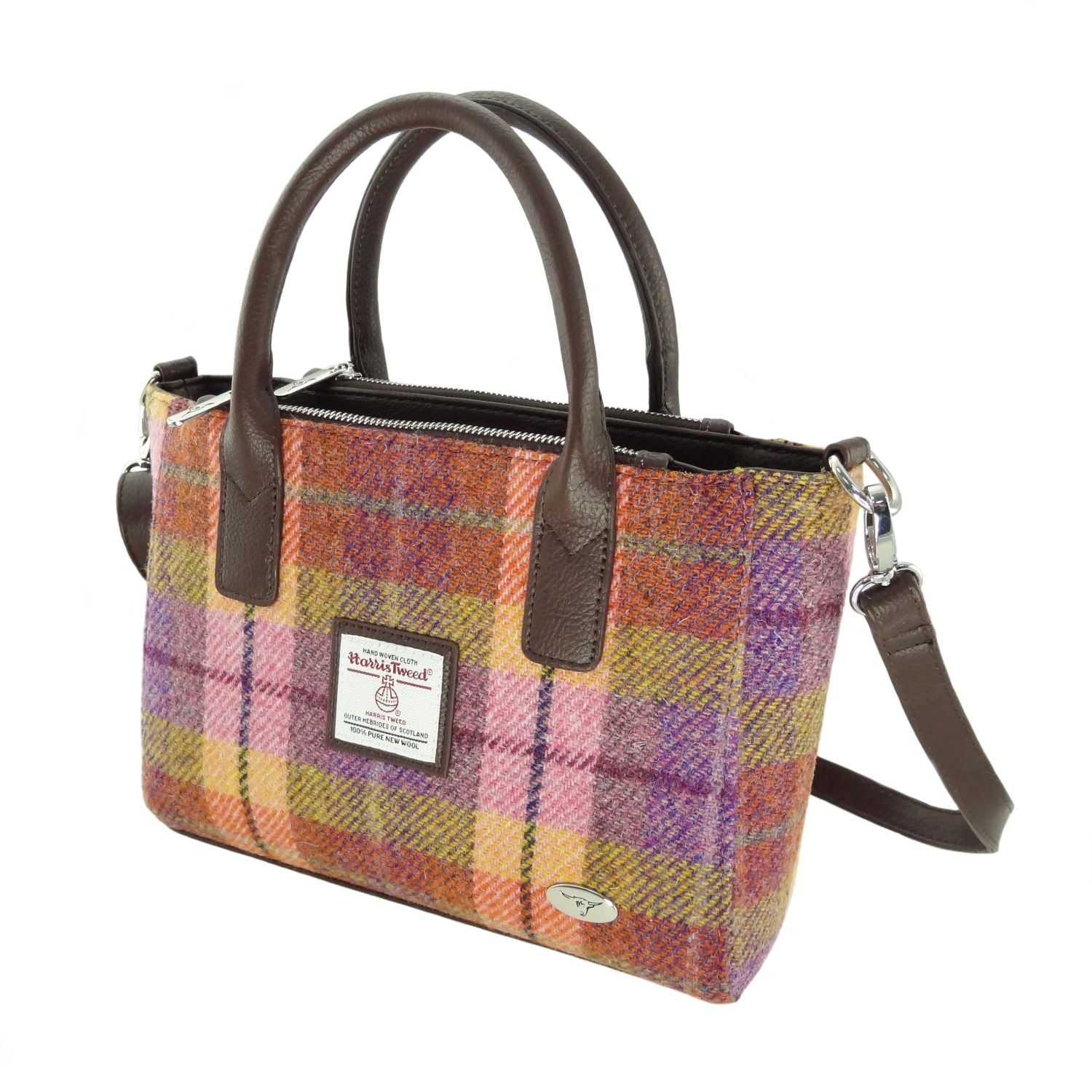 Brora Small Tote Bag with Shoulder Strap & Harris Tweed Brown, Orange, Pink & Purple Fabric - COL124 | Harris Tweed Scotland