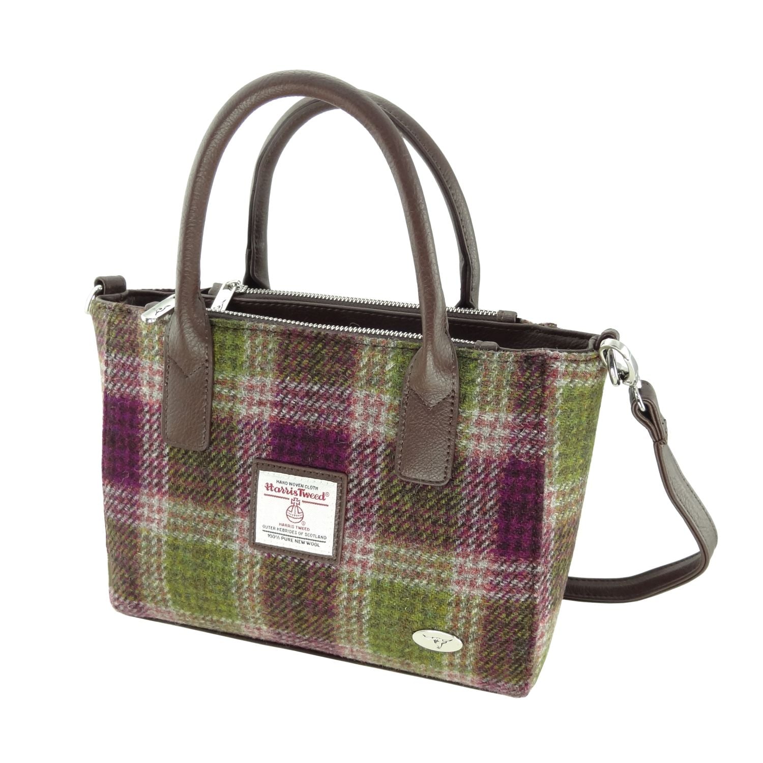 Brora Small Tote Bag with Shoulder Strap & Harris Tweed Purple & Green Check Fabric - COL125 | Harris Tweed Scotland