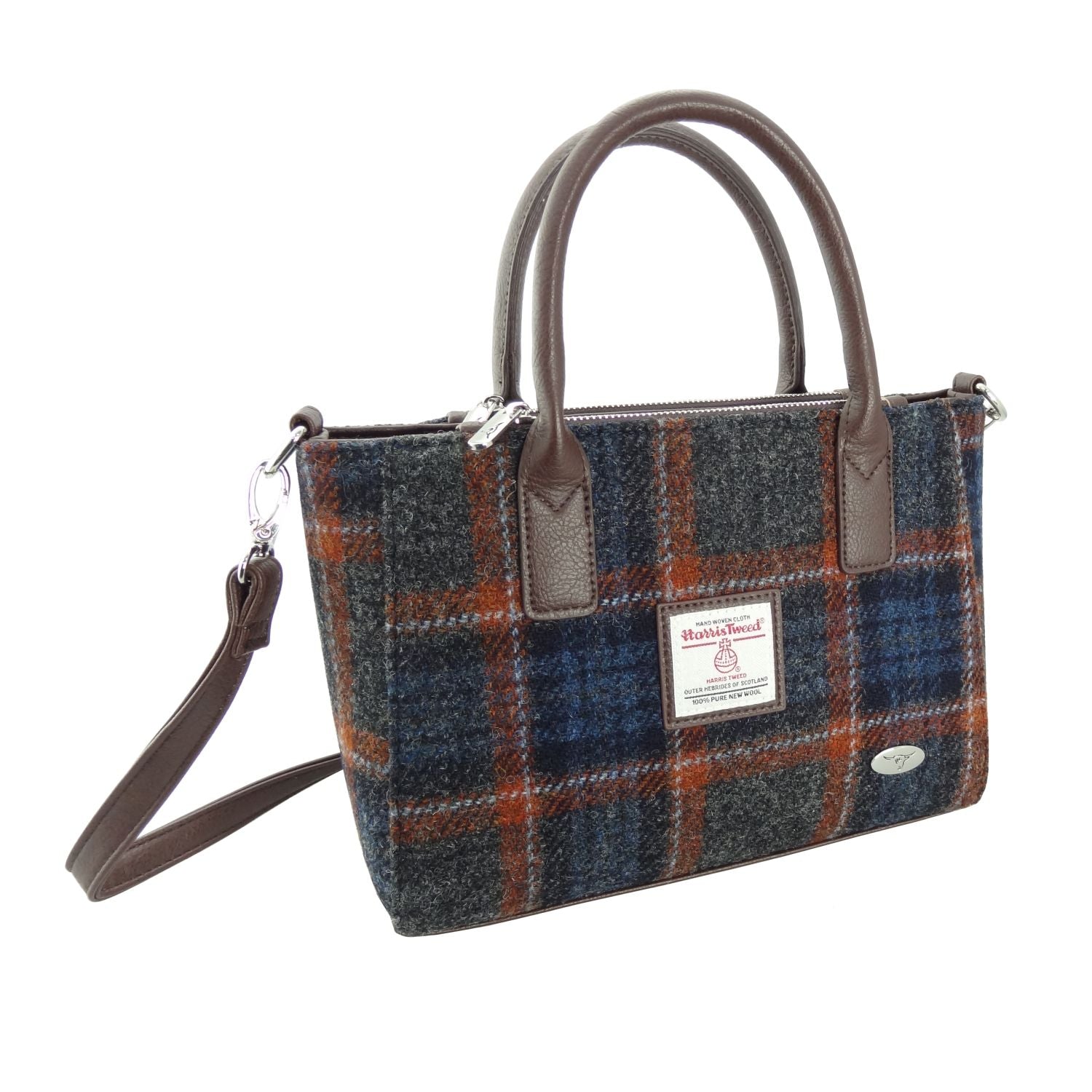 Brora Small Tote Bag with Shoulder Strap & Harris Tweed Navy Blue & Burnt Orange Fabric - COL127 | Harris Tweed Scotland