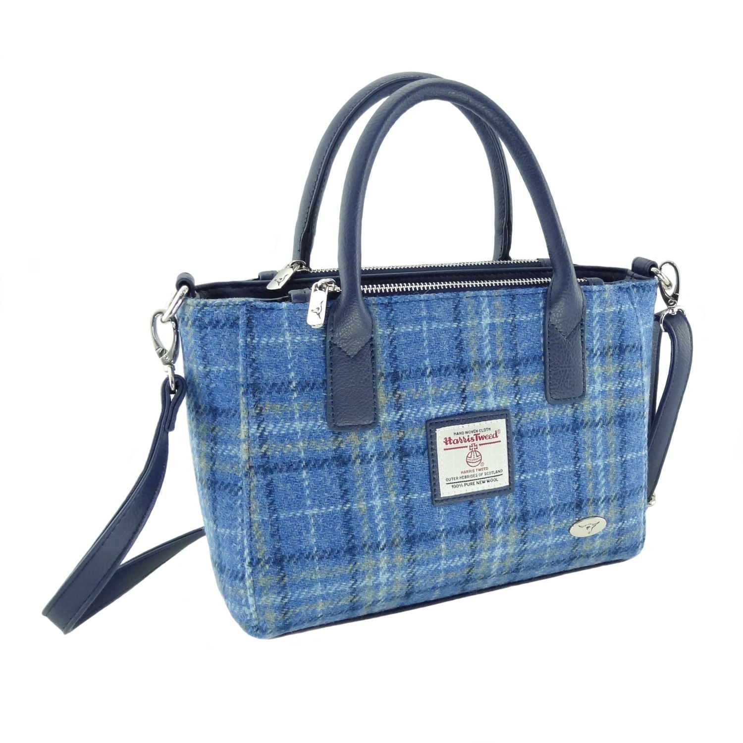 Brora Small Tote Bag with Shoulder Strap & Harris Tweed Navy Blue Black Check Fabric | Harris Tweed Scotland