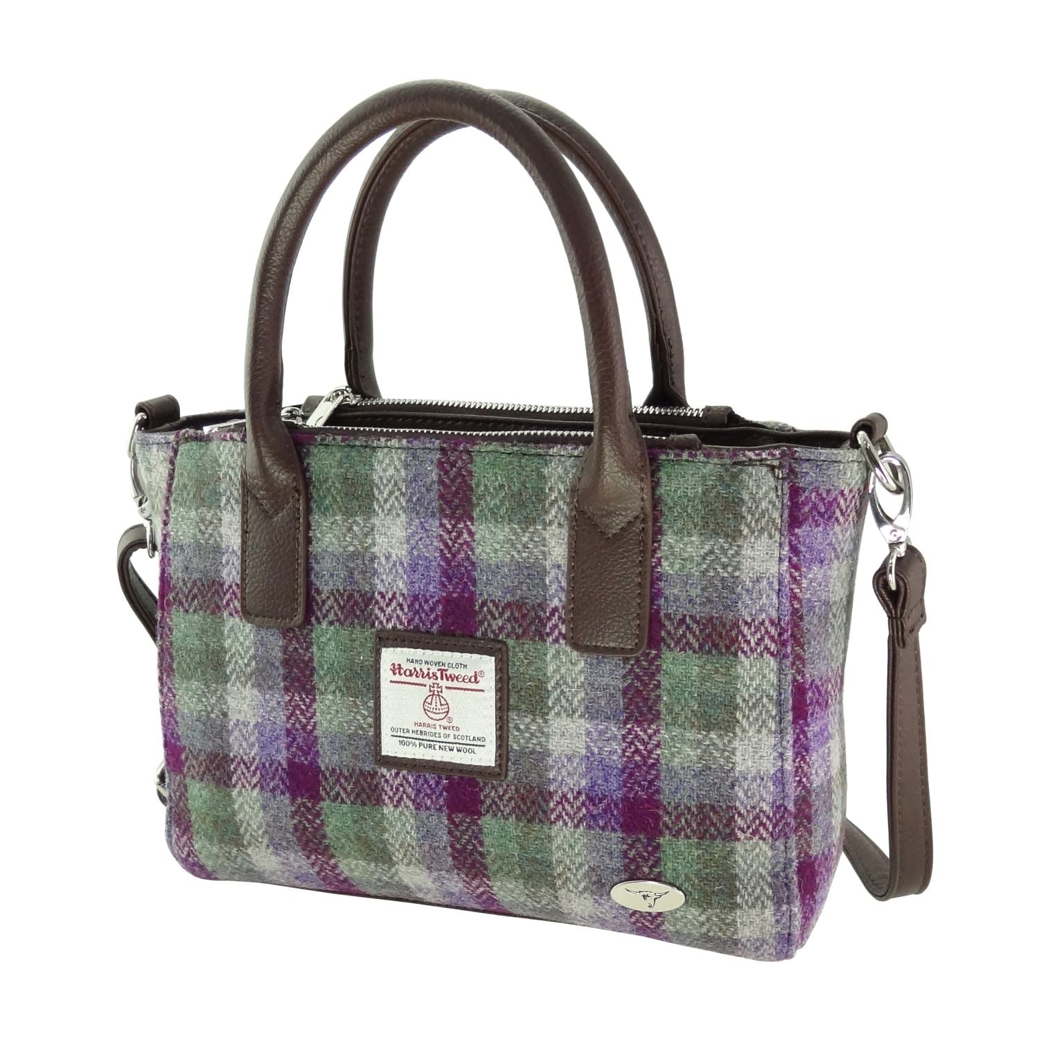 Brora Small Tote Bag with Shoulder Strap & Harris Tweed Purple, Grey & Green Check Fabric - COL133 | Harris Tweed Scotland