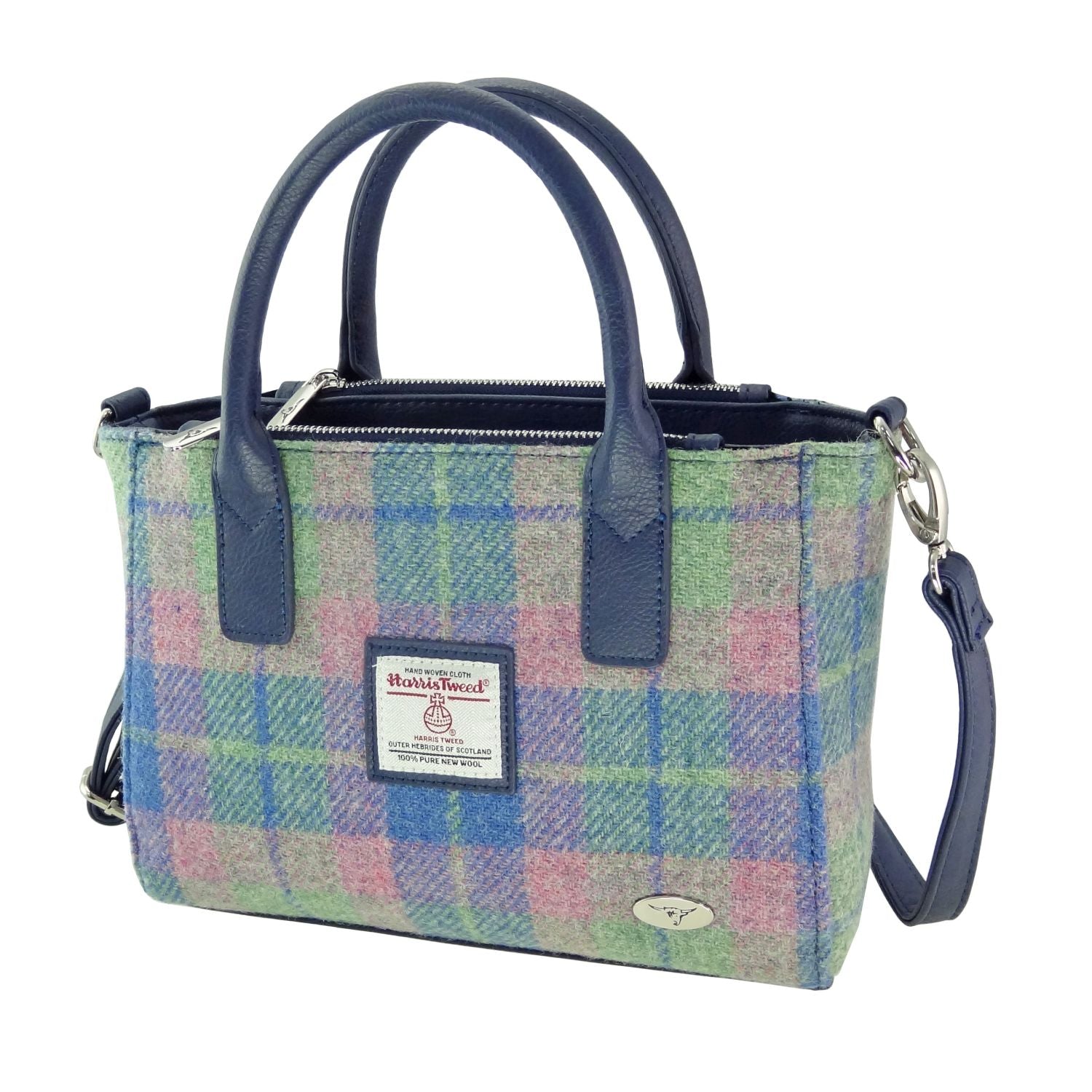 Brora Small Tote Bag with Shoulder Strap & Harris Tweed Blue & Purple Check Fabric - COL135 | Harris Tweed Scotland