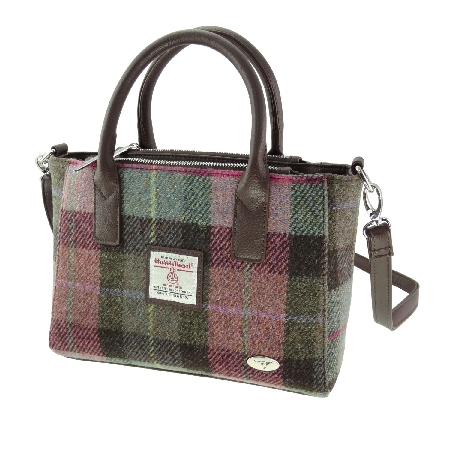 Brora Small Tote Bag with Shoulder Strap & Harris Tweed Green Purple Check Fabric - COL137 | Harris Tweed Scotland