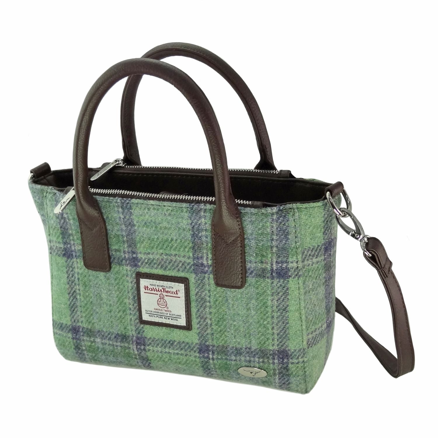 Brora Small Tote Bag with Shoulder Strap & Harris Tweed Mint Green & Blue Check Fabric - COL139 | Harris Tweed Scotland