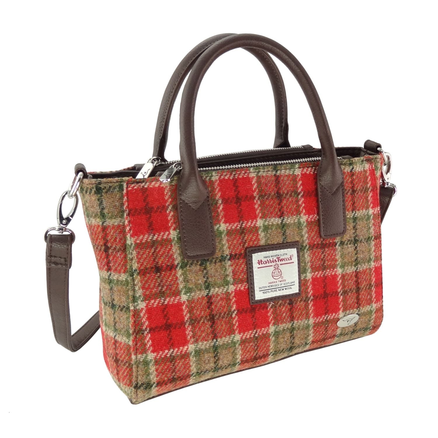 Brora Small Tote Bag with Shoulder Strap & Harris Tweed Burnt Orange & Beige Check Fabric - COL141 | Harris Tweed Scotland