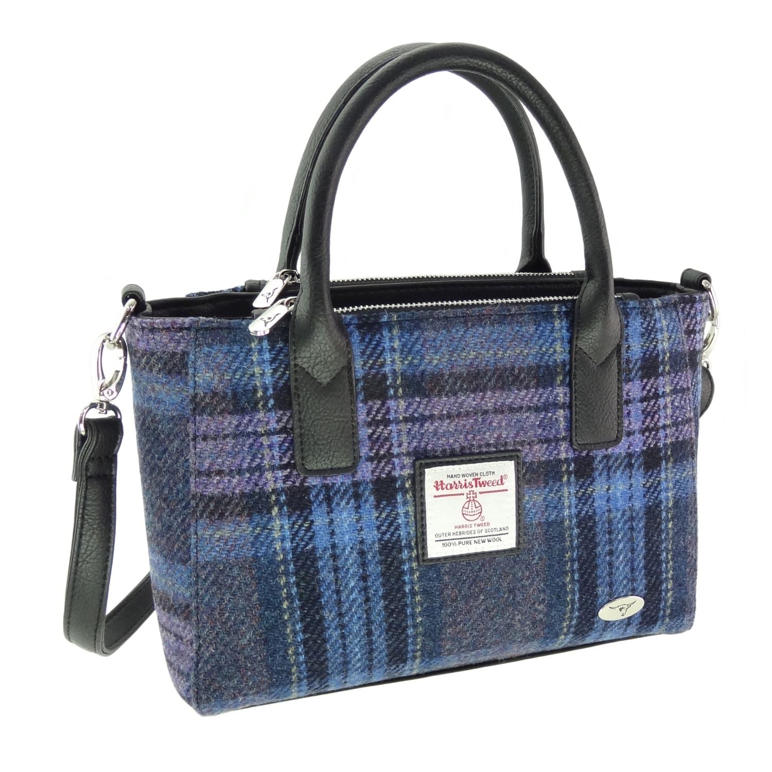 Brora Small Tote Bag with Black Shoulder Strap & Harris Tweed Blue & Purple Fabric - COL143 | Harris Tweed Scotland