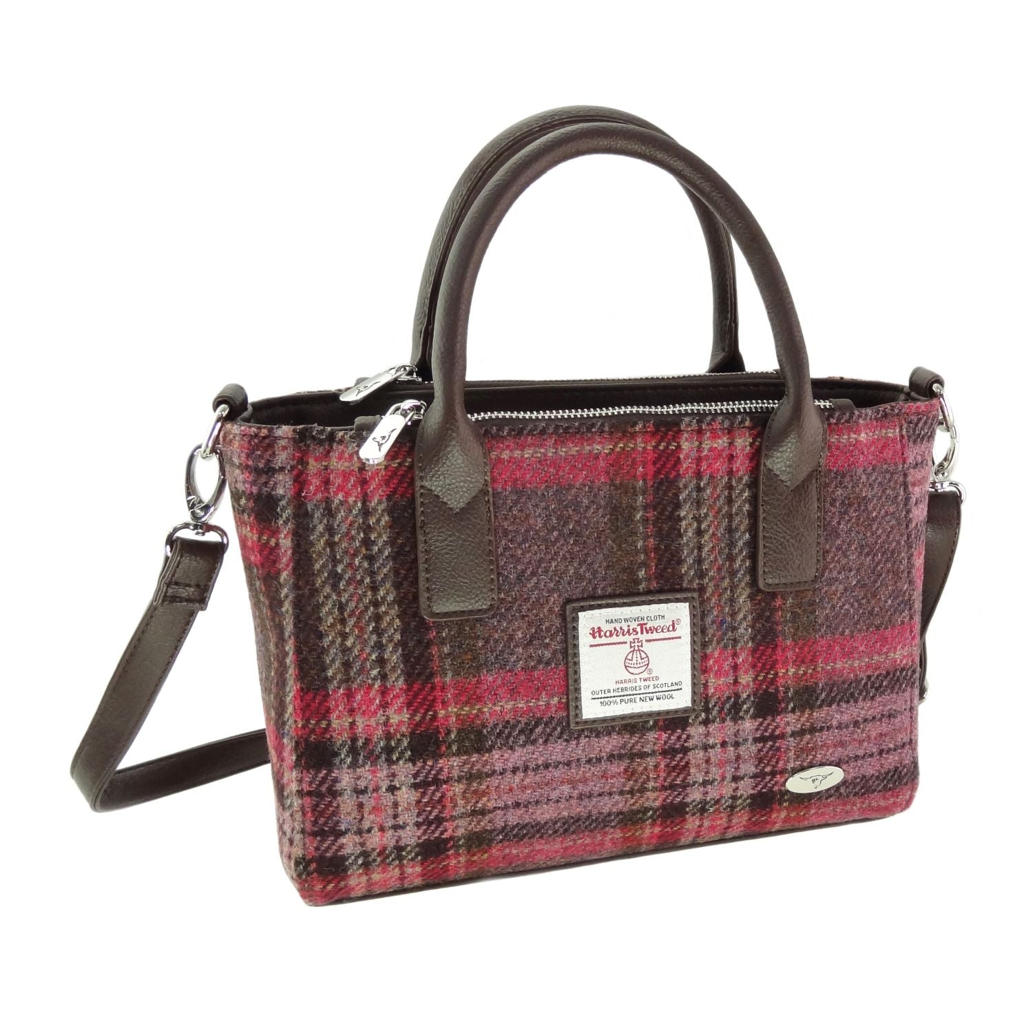 Brora Small Tote Bag with Shoulder Strap & Harris Tweed Purple & Burgundy Check Fabric - COL144 | Harris Tweed Scotland