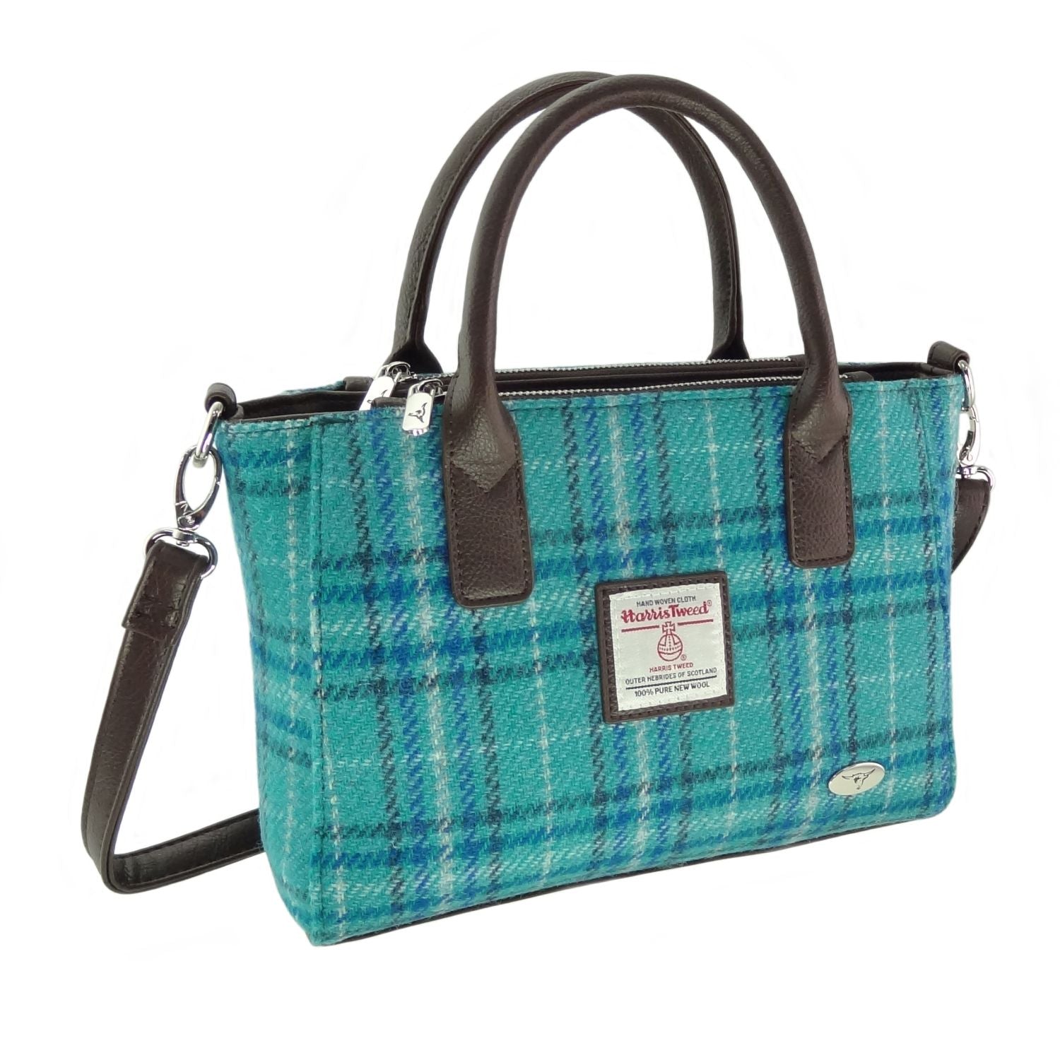 Brora Small Tote Bag with Shoulder Strap & Harris Tweed Blue Check - COL145 | Harris Tweed Scotland
