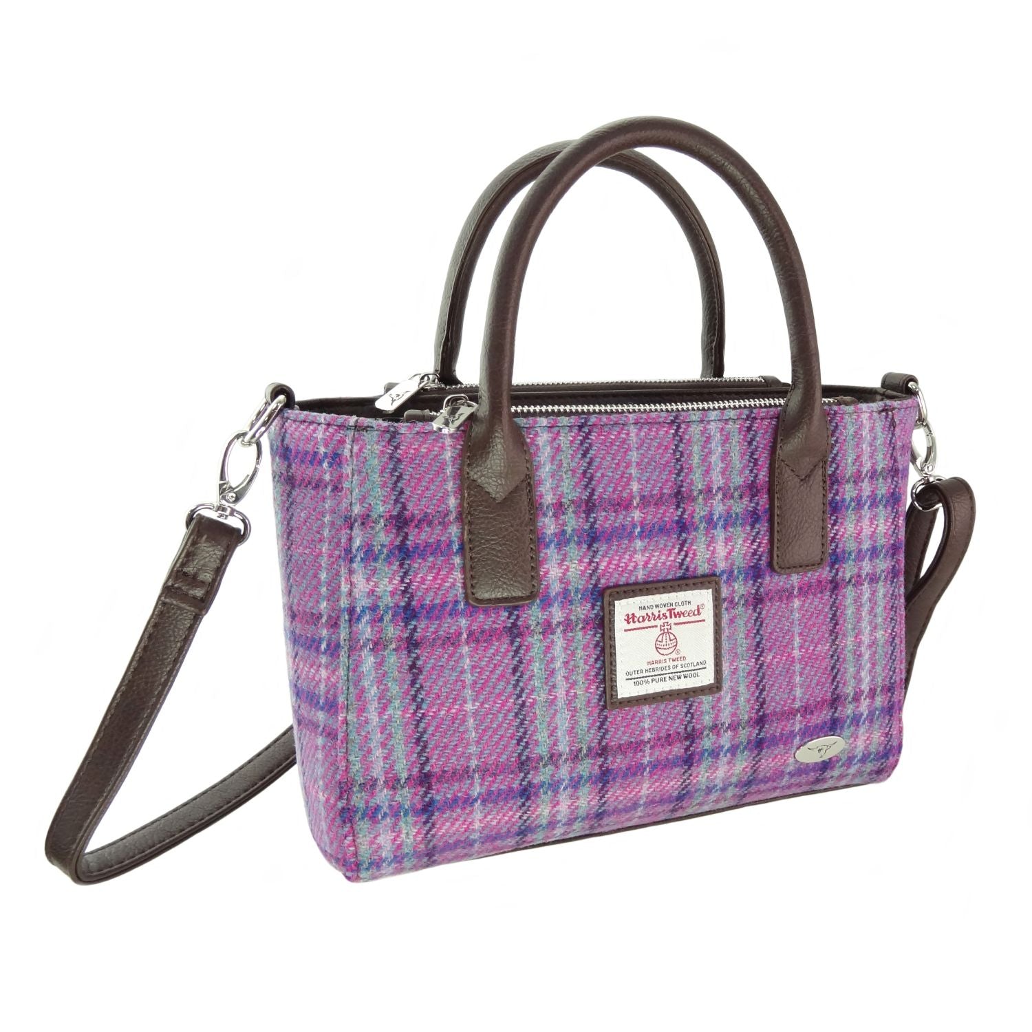 Brora Small Tote Bag with Shoulder Strap & Harris Tweed Purple Check - COL146 | Harris Tweed Scotland