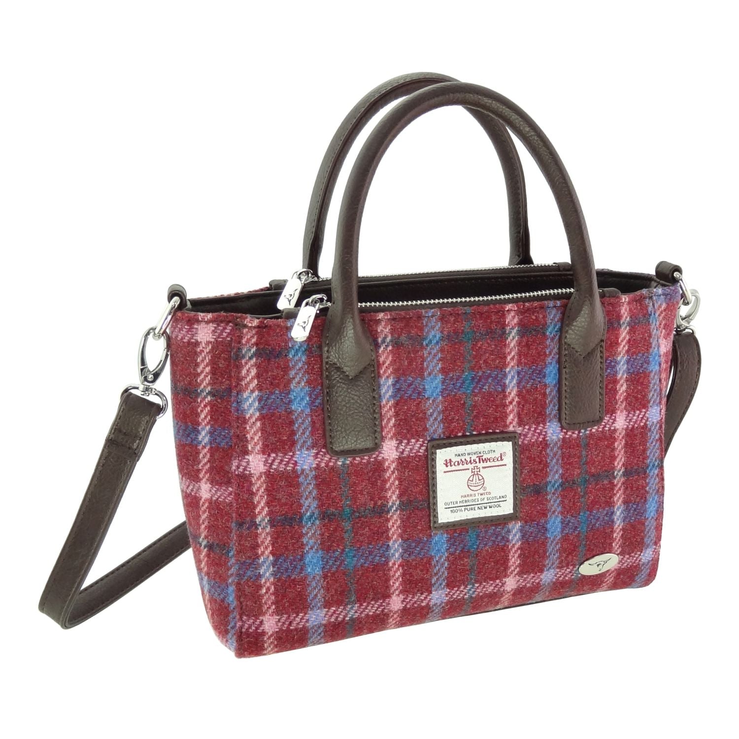 Brora Small Tote Bag with Shoulder Strap & Harris Tweed Rust Red, White & Blue Overcheck - COL151 | Harris Tweed Scotland