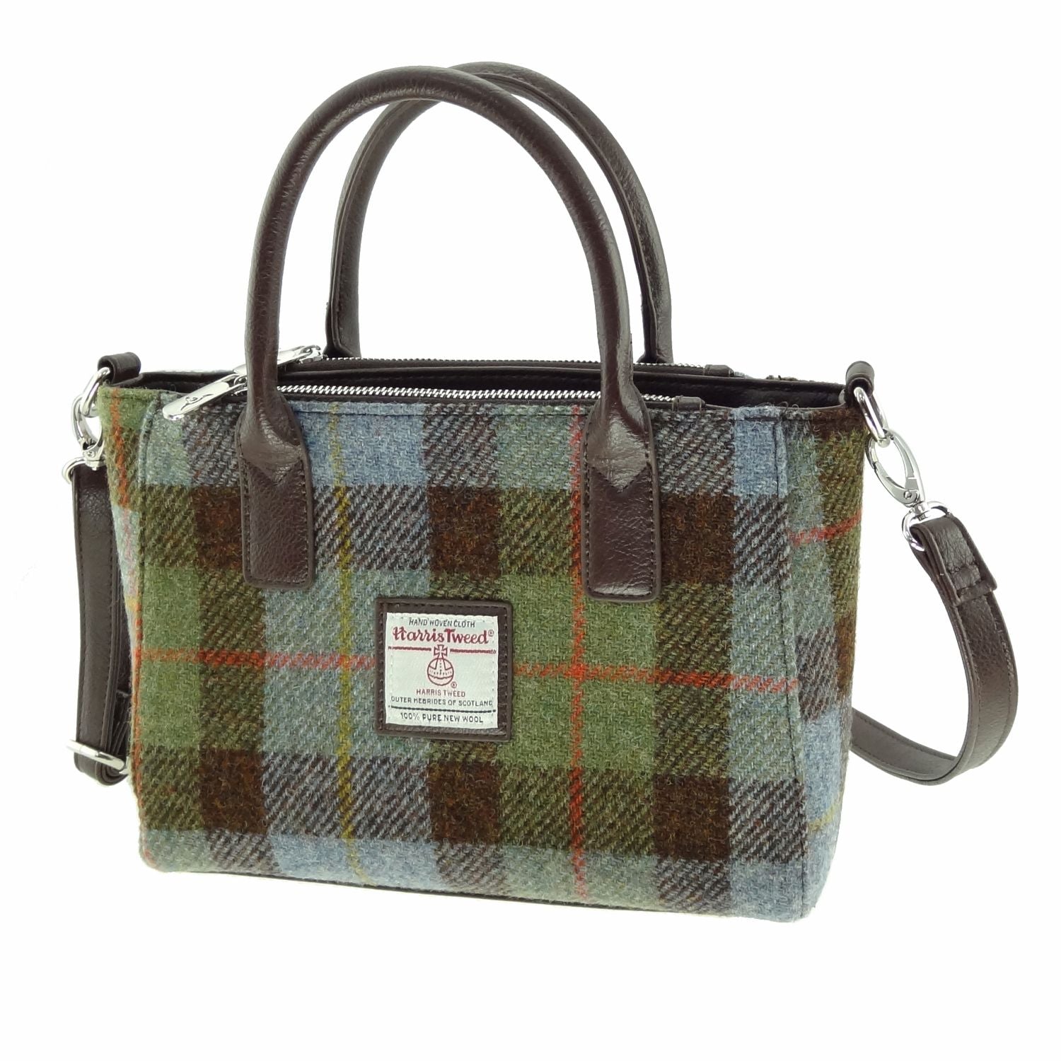 Brora Small Tote Bag with Shoulder Strap & Harris Tweed Green, Blue & Brown - COL15 | Harris Tweed Scotland