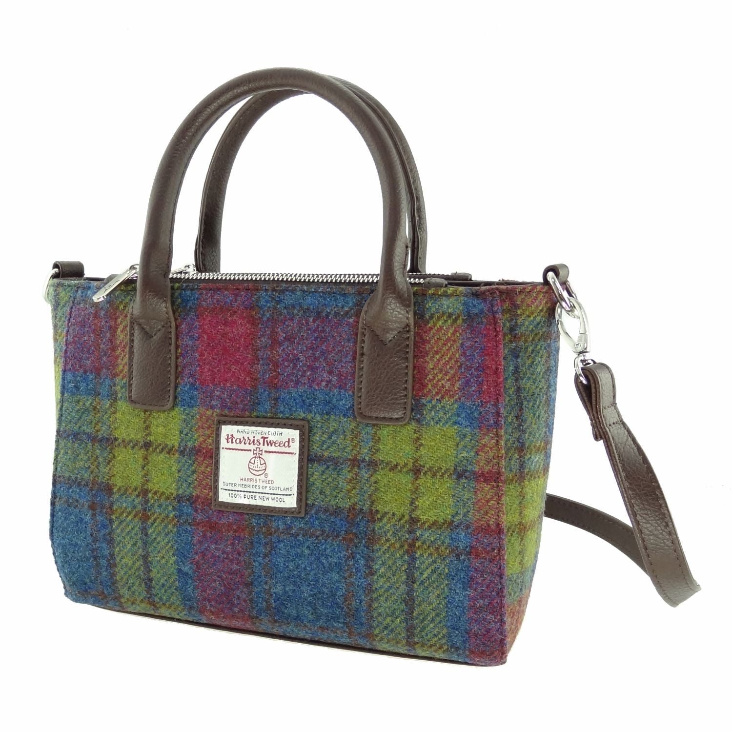 Brora Small Tote Bag with Harris Tweed Blue, Purple & Green Check Fabric - COL46 | Harris Tweed Scotland