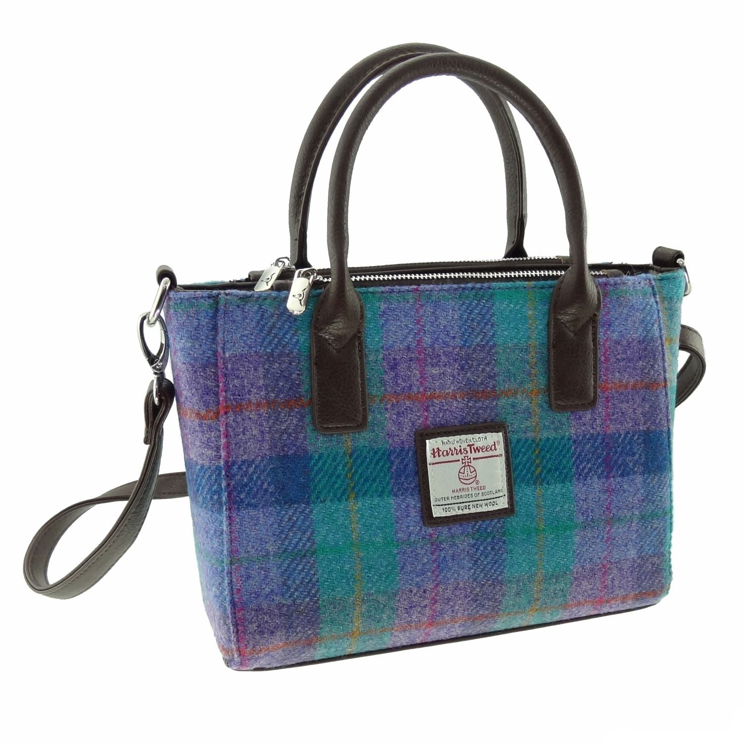 Brora Small Tote Bag with Shoulder Strap & Harris Tweed Purple Blue & Brown - COL79 | Harris Tweed Scotland