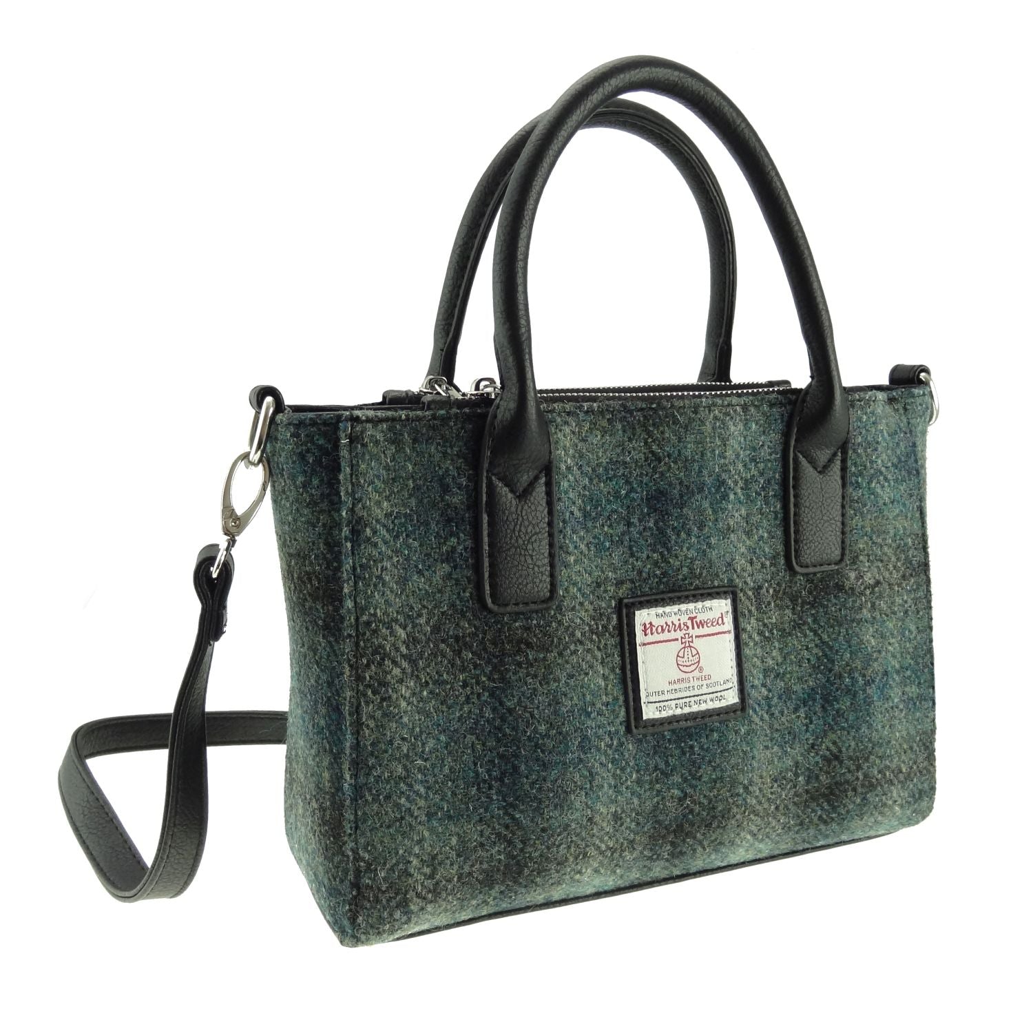 Brora Small Tote Bag with Black Shoulder Strap & Harris Tweed Navy Blue Check Fabric - COL91 | Harris Tweed Scotland