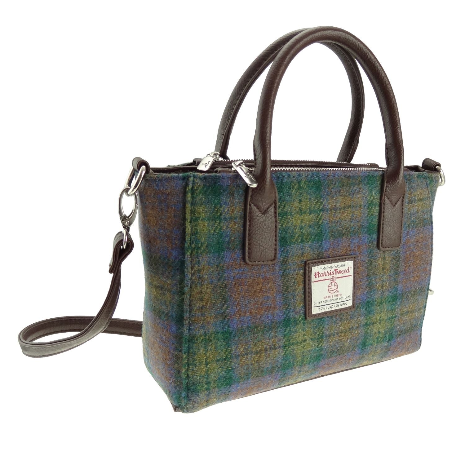 Brora Small Tote Bag with Shoulder Strap & Harris Tweed Green, Blue & Purple Check Fabric - COL94 | Harris Tweed Scotland