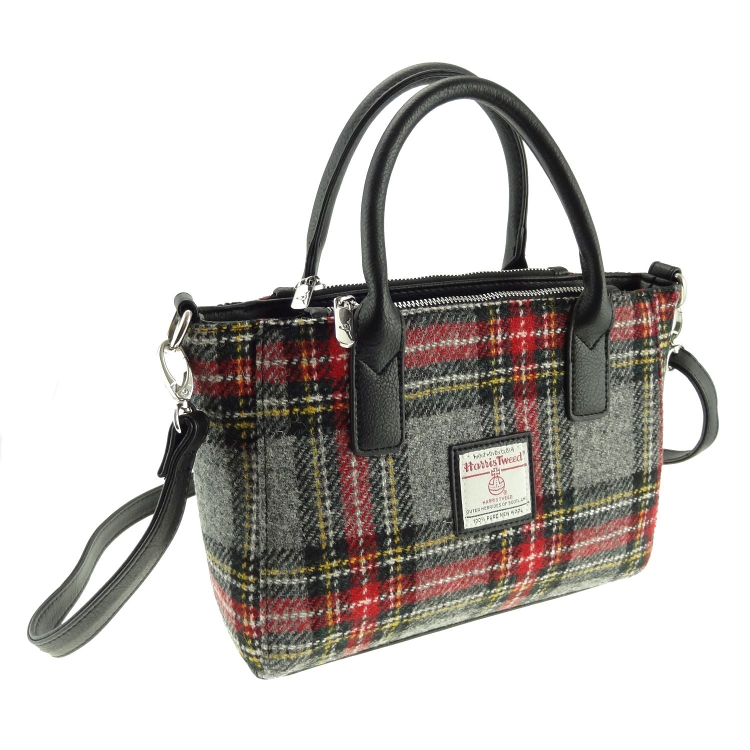 Brora Small Tote Bag with Shoulder Strap & Harris Tweed Grey, Black Red Yellow Check Fabric - COL96 | Harris Tweed Scotland