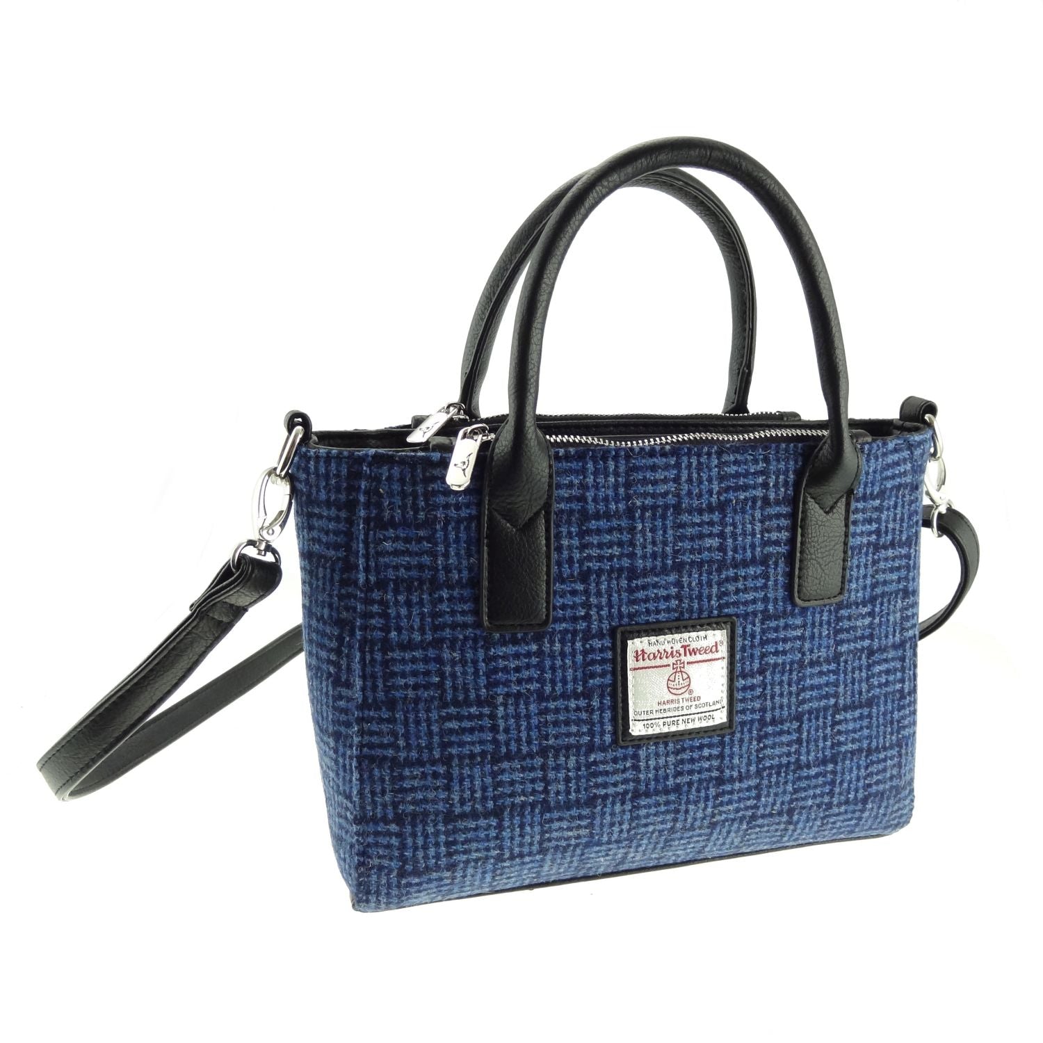 Brora Small Tote Bag with Shoulder Strap & Harris Tweed Navy Blue Check Fabric - COL97 | Harris Tweed Scotland