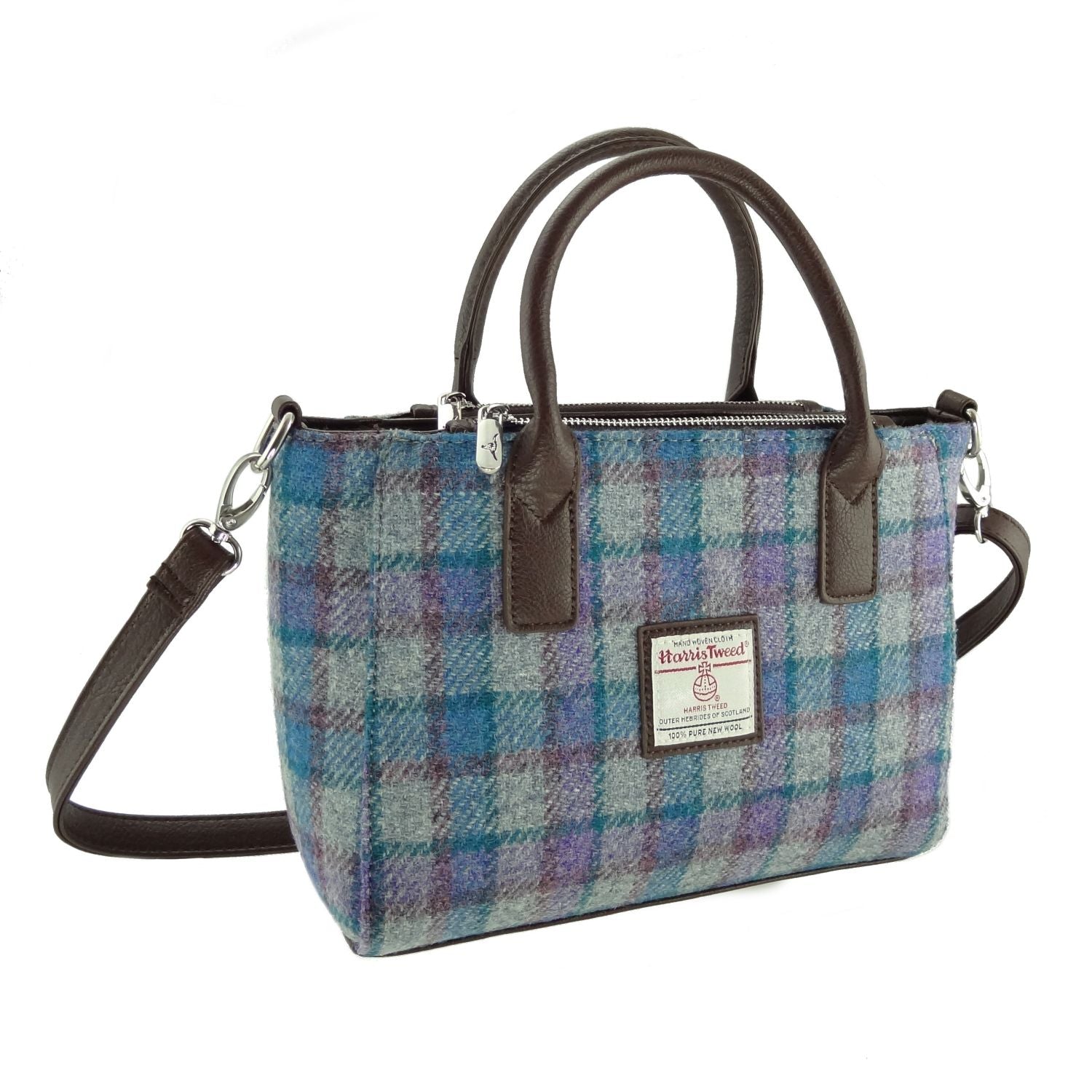 Brora Small Tote Bag with Shoulder Strap & Harris Tweed Blue, Grey & Purple Check Fabric - COL98 | Harris Tweed Scotland