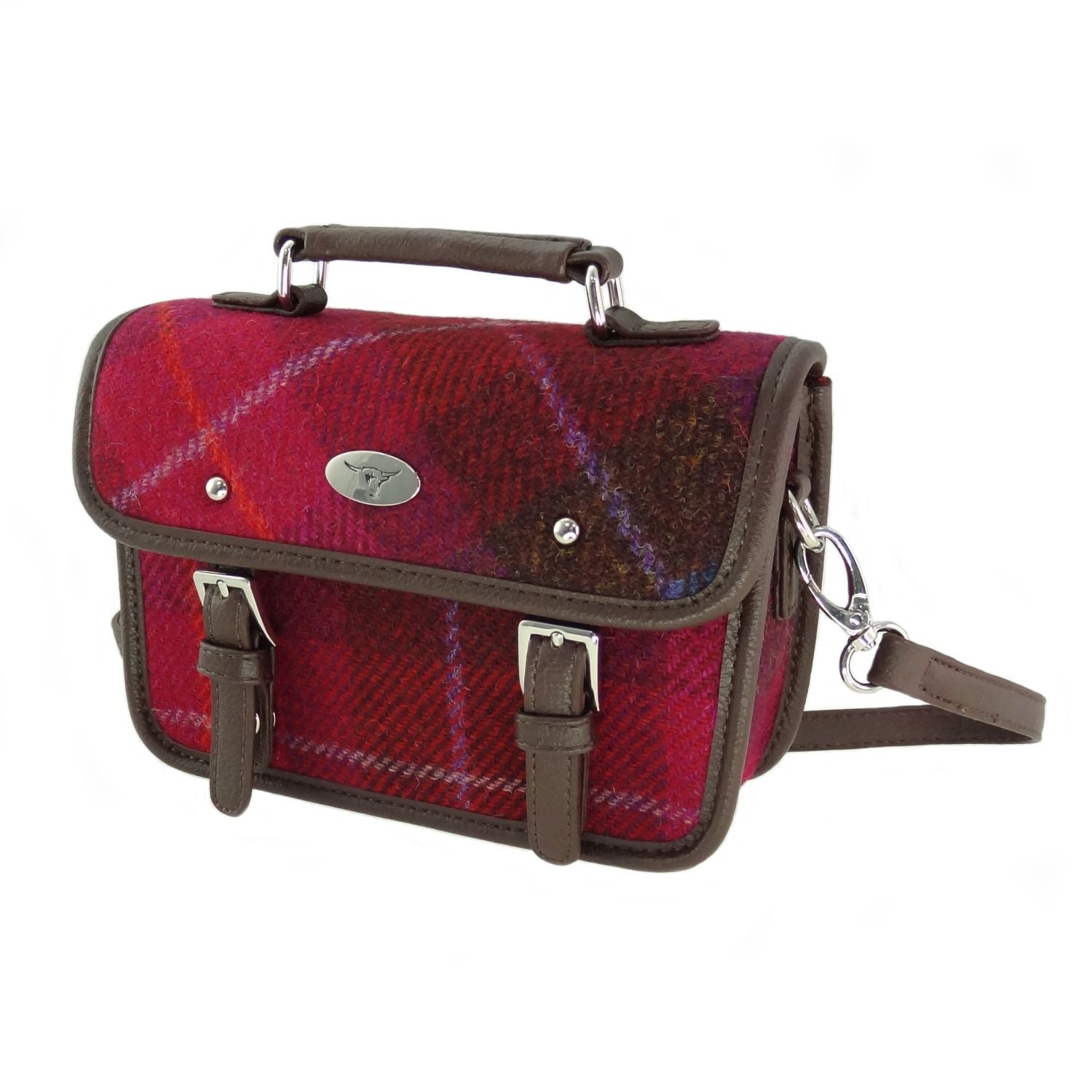 Harris Tweed Bervie Mini Satchel Bag Brown & Burgundy Check - COL52 | Harris Tweed Scotland