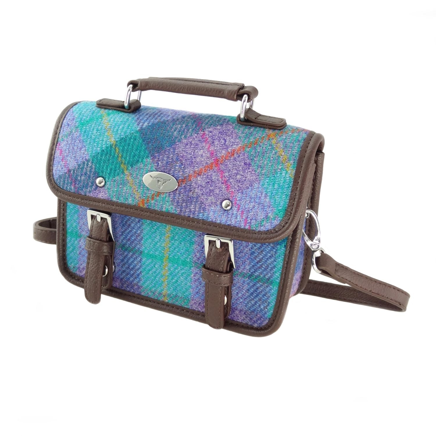 Harris Tweed Bervie Mini Satchel Bag Blue & Purple Check - COL79 | Harris Tweed Scotland