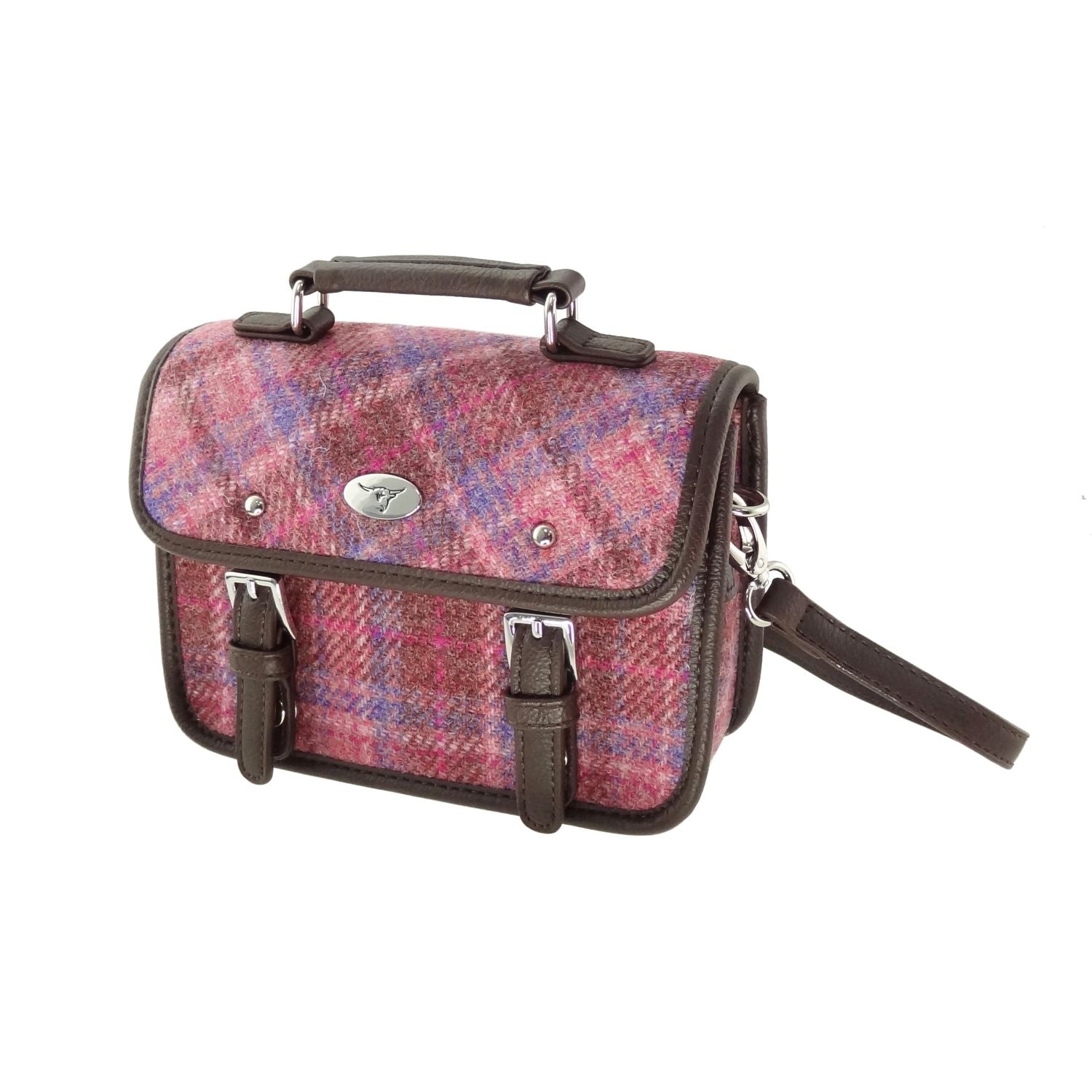 Bervie Mini Satchel Bag with Harris Tweed Pink & Purple Check Fabric - COL103 | Harris Tweed Scotland