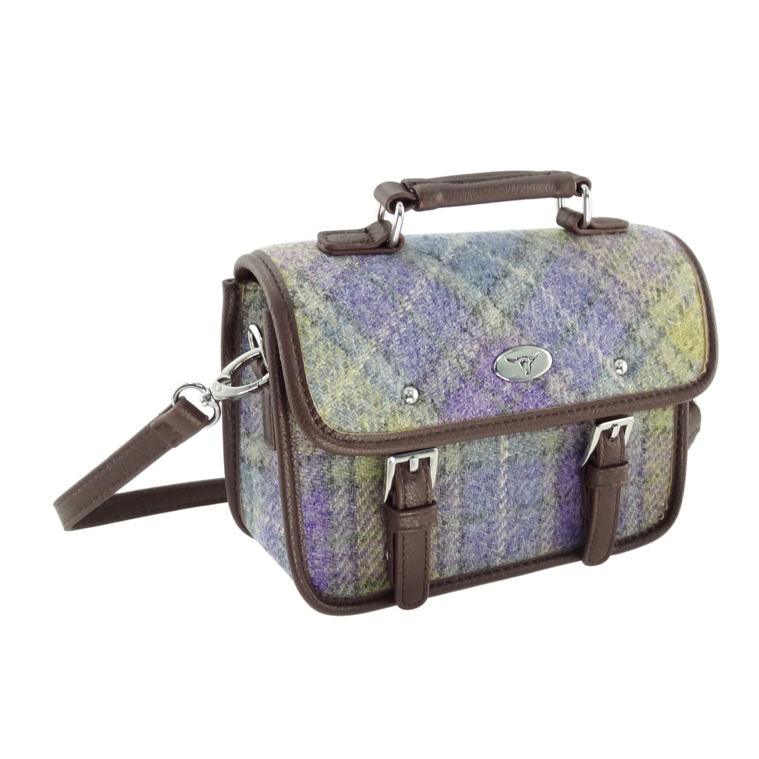 Bervie Mini Satchel Bag with Harris Tweed Purple & Lime Green Check Fabric - COL112 | Harris Tweed Scotland