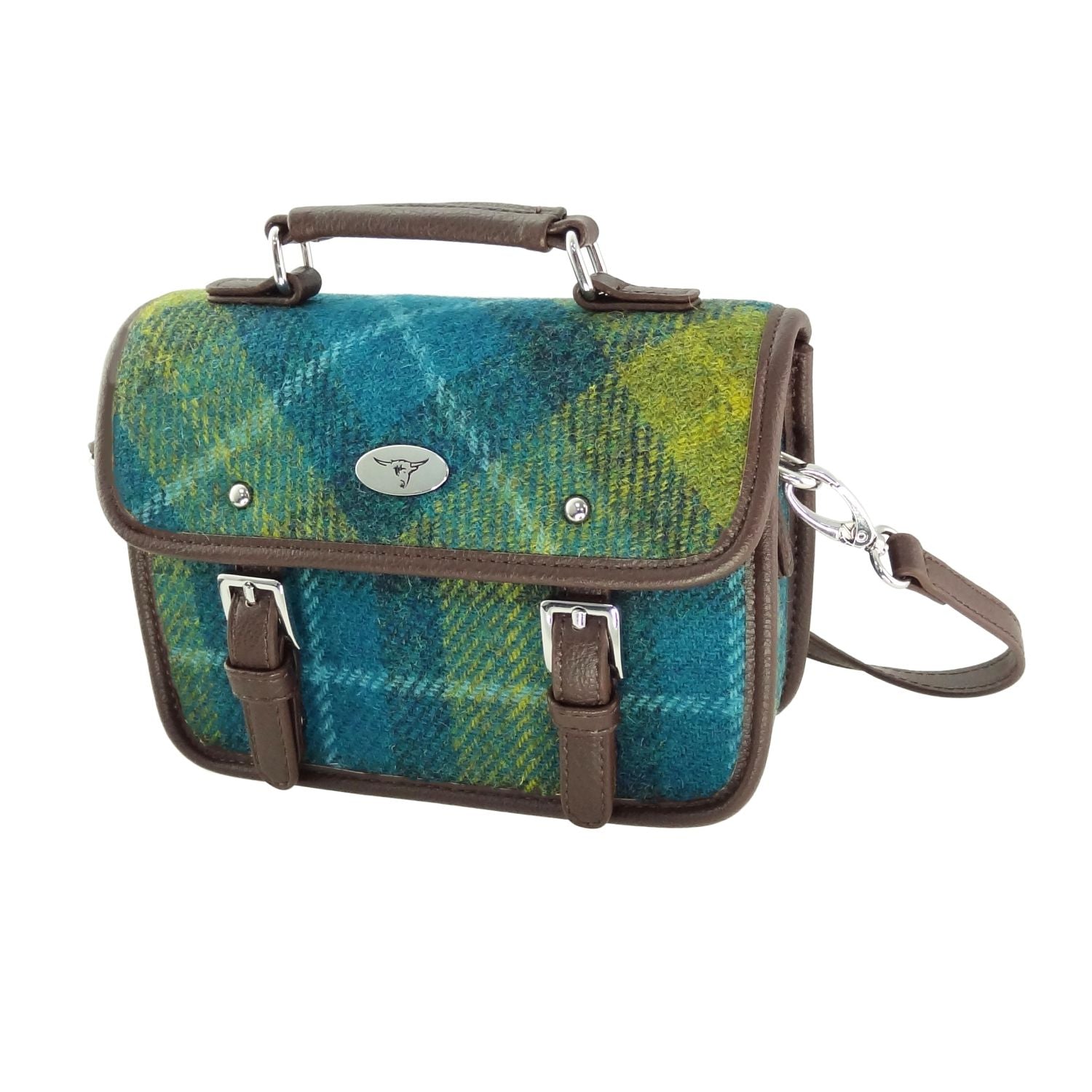 Bervie Mini Satchel Bag with Harris Tweed Blue & Lime Green Check Fabric - COL114 | Harris Tweed Scotland