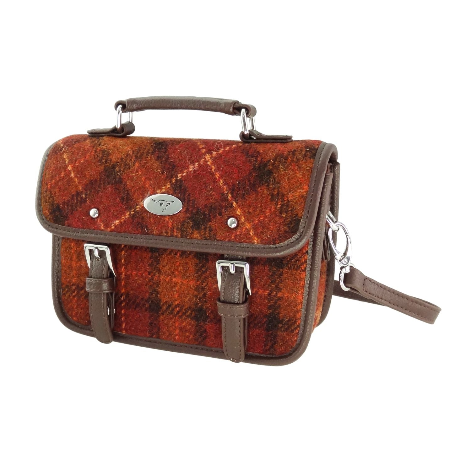 Bervie Mini Satchel Bag with Harris Tweed Brown & Orange Check Fabric - COL117 | Harris Tweed Scotland
