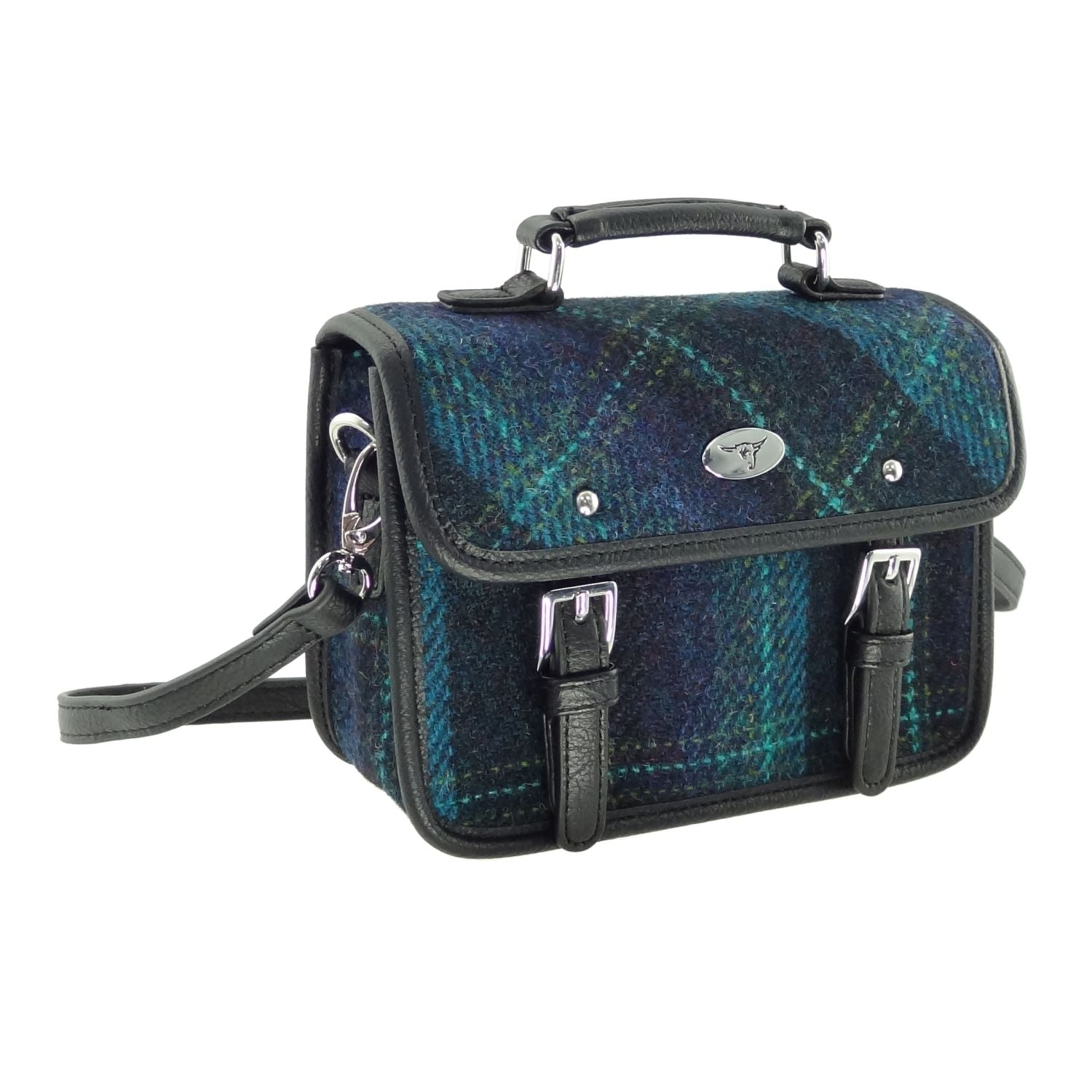 Bervie Mini Satchel Bag with Harris Tweed Navy Blue Check Fabric - COL119 | Harris Tweed Scotland