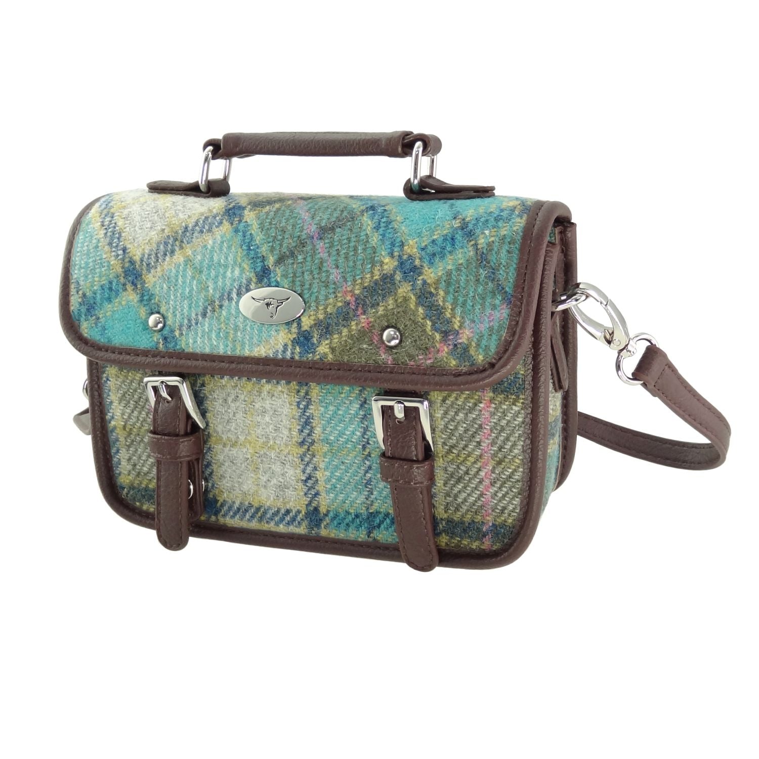 Bervie Mini Satchel Bag with Harris Tweed Blue & Beige Check Fabric - COL122 | Harris Tweed Scotland