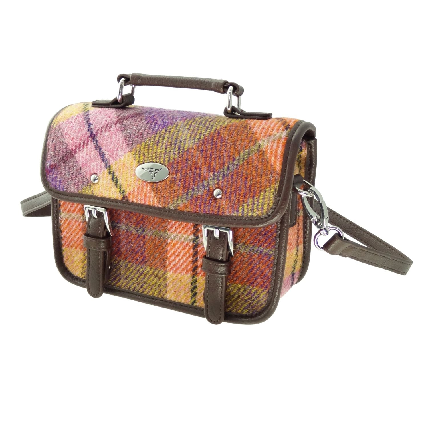 Bervie Mini Satchel Bag with Harris Tweed Purple, Orange & Green Check Fabric - COL124 | Harris Tweed Scotland
