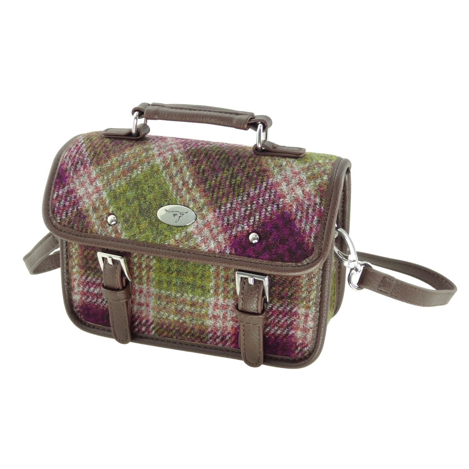 Bervie Mini Satchel Bag with Harris Tweed Purple & Green Check Fabric - COL125 | Harris Tweed Scotland