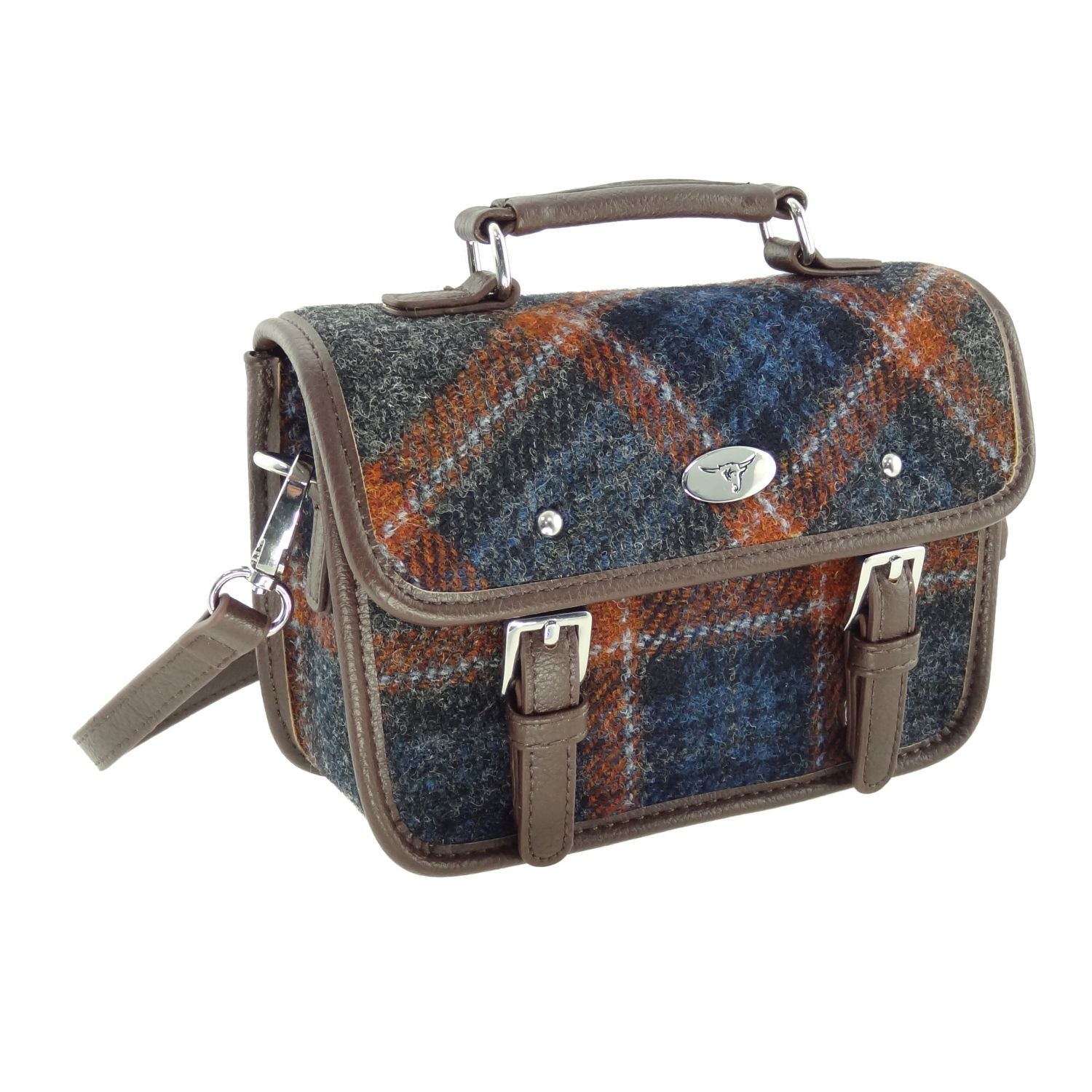Bervie Mini Satchel Bag with Harris Tweed Navy Blue & Orange Check Fabric - COL127 | Harris Tweed Scotland