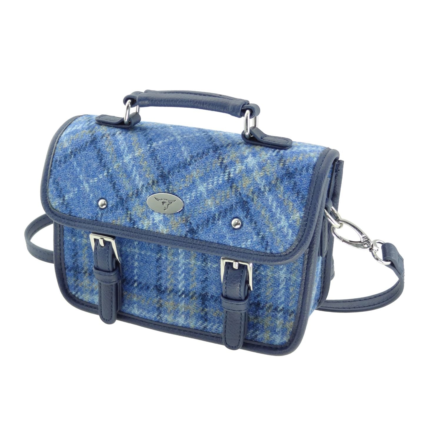 Bervie Mini Satchel Bag with Harris Tweed Navy Blue Check Fabric - COL129 | Harris Tweed Scotland