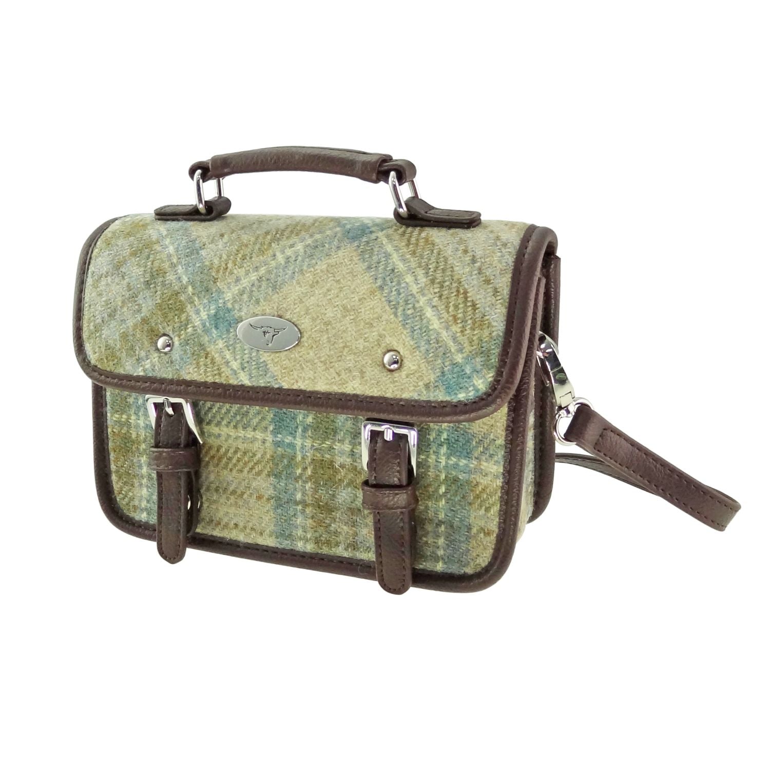 Bervie Mini Satchel Bag with Harris Tweed Beige & Blue Check Fabric - COL132 | Harris Tweed Scotland