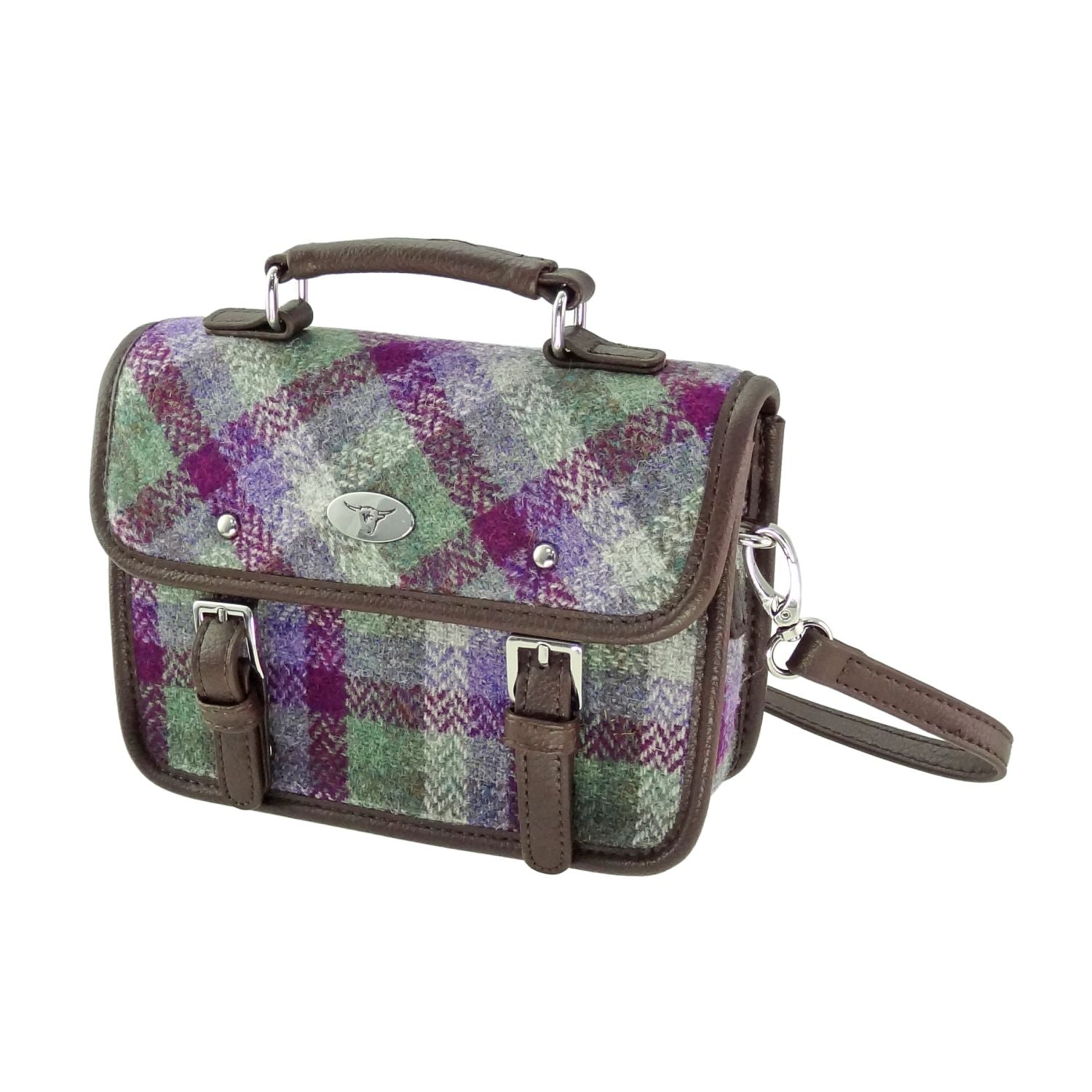 Bervie Mini Satchel Bag with Harris Tweed Purple & Green Check Fabric - COL133 | Harris Tweed Scotland