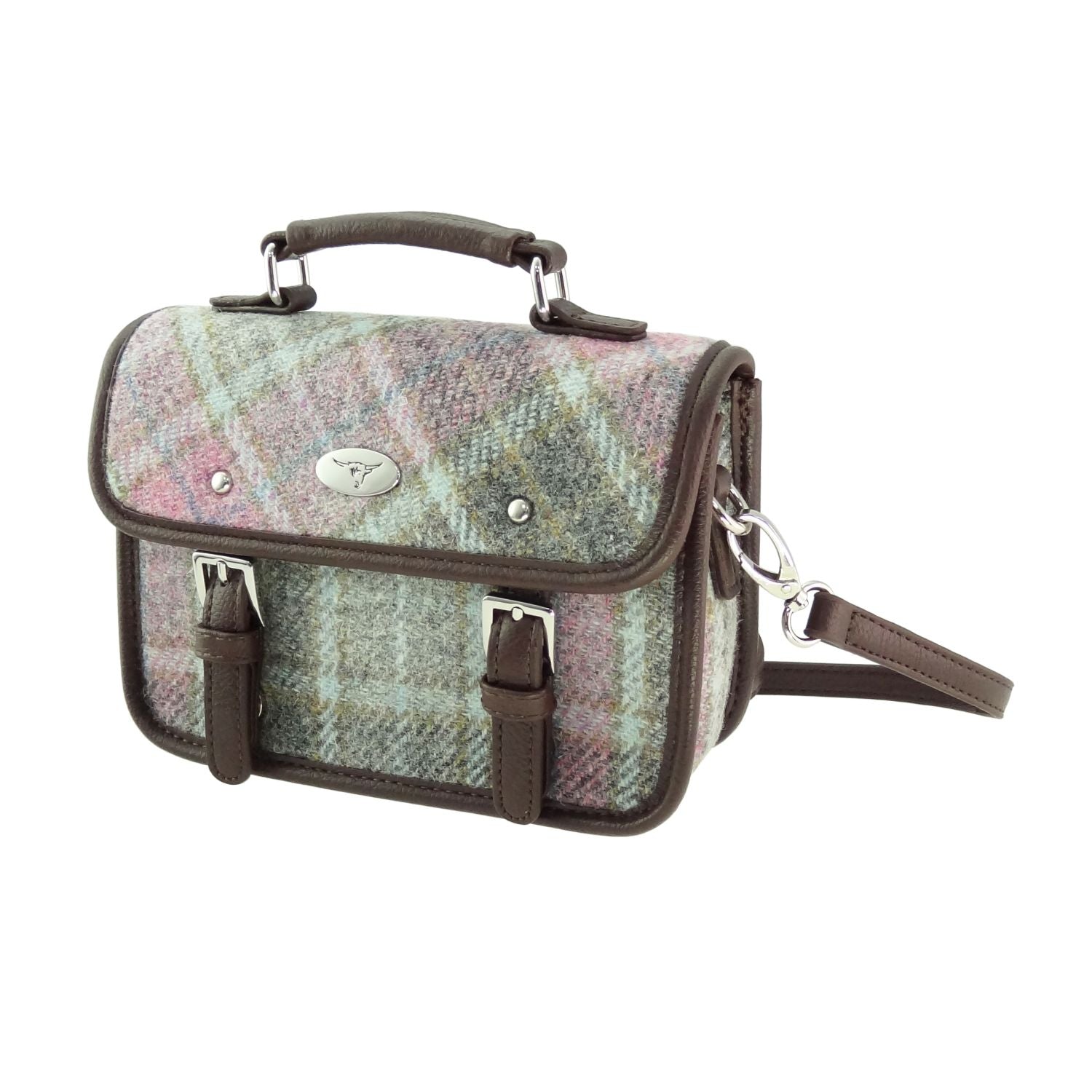 Bervie Mini Satchel Bag with Harris Tweed Purple & Mint Green Check Fabric - COL134 | Harris Tweed Scotland
