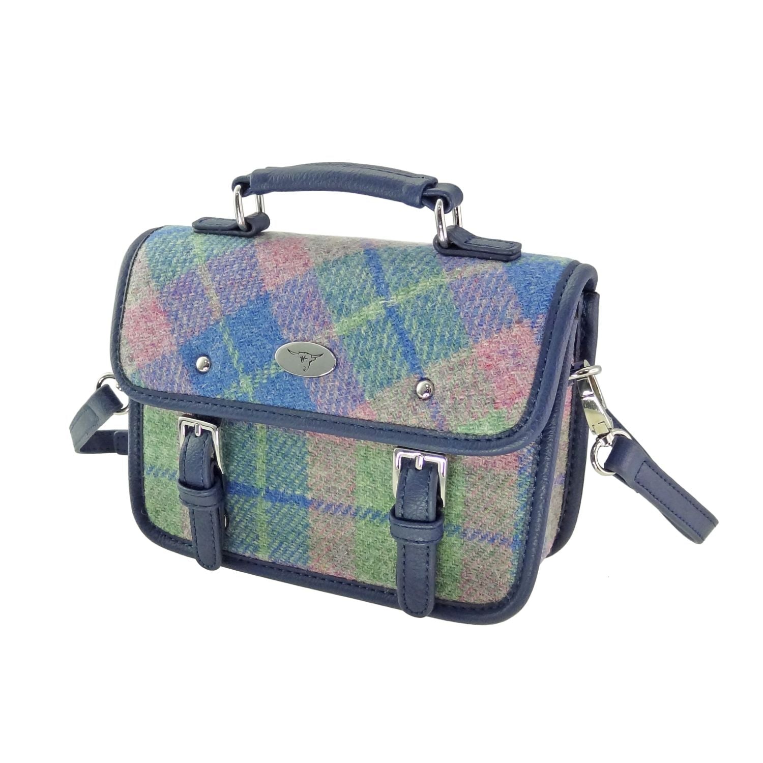 Harris Tweed Bervie Mini Satchel Bag Mint Green, Blue & Pink Check - COL135 | Harris Tweed Scotland