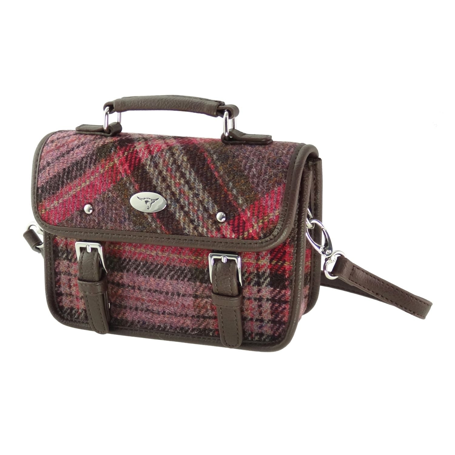 Harris Tweed Bervie Mini Satchel Bag Purple & Burgundy Check | Harris Tweed Scotland