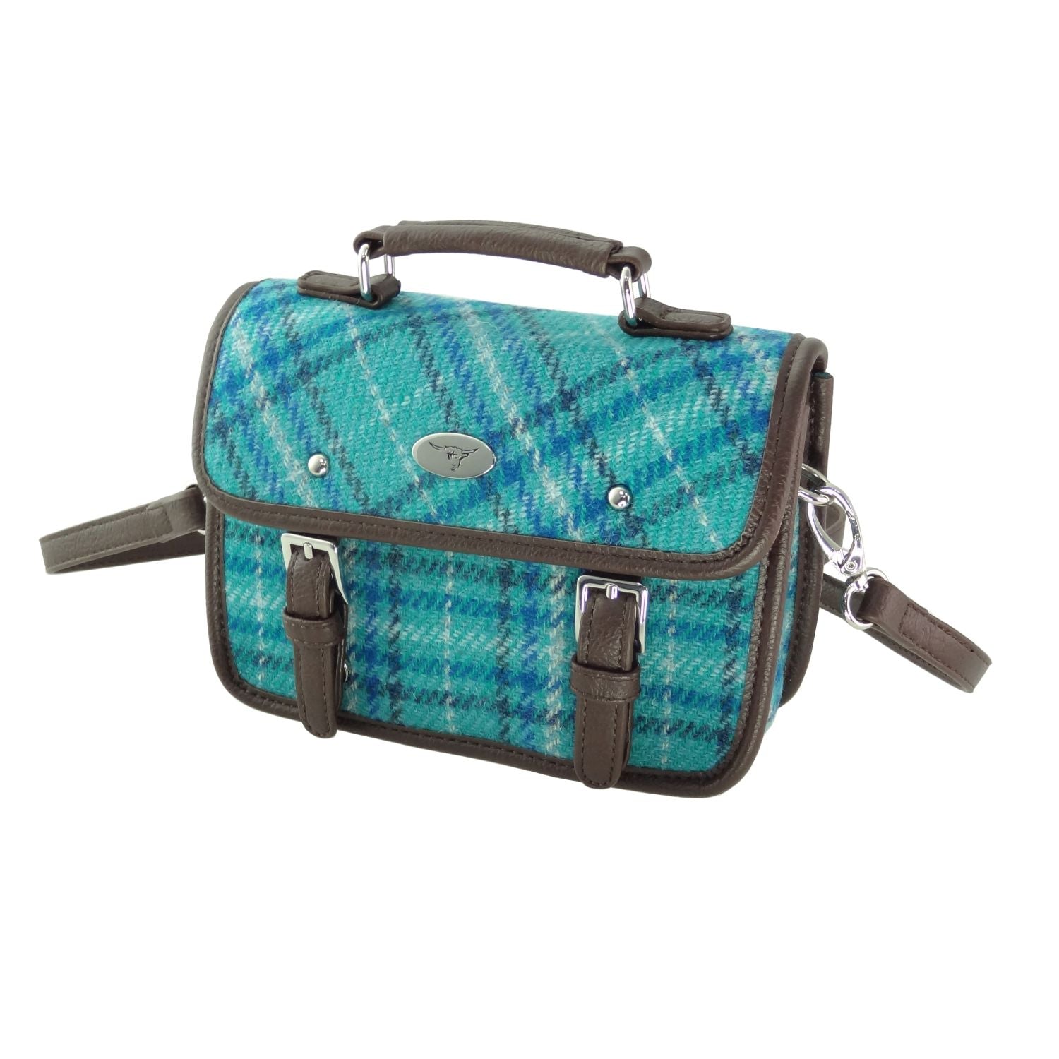 Harris Tweed Brown Bervie Mini Satchel Bag Blue Check | Harris Tweed Scotland