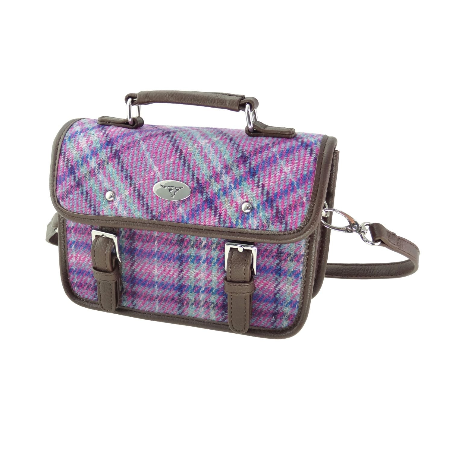 Harris Tweed Bervie Mini Satchel Bag Violet & Purple Check | Harris Tweed Scotland