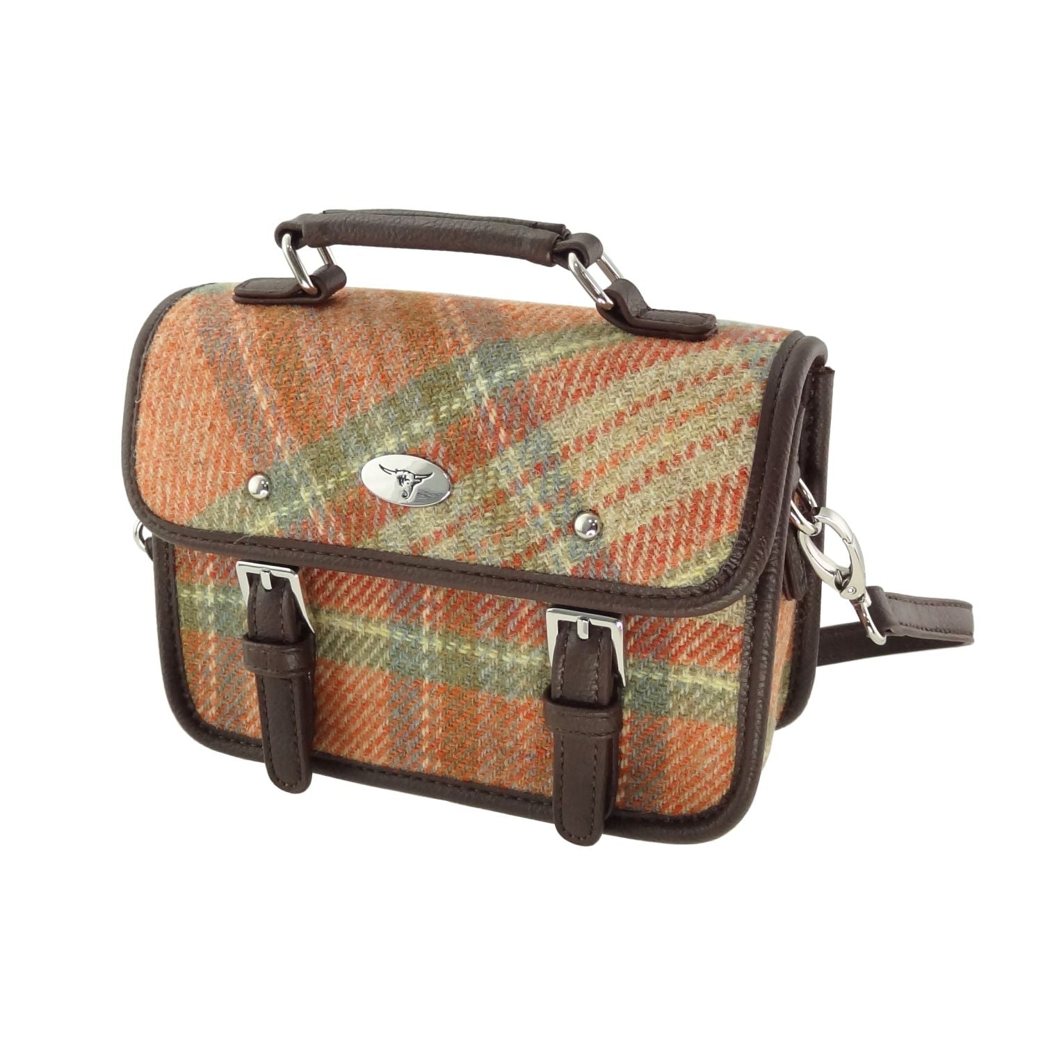 Harris Tweed Bervie Mini Satchel Bag Brown, Burnt Orange & Beige | Harris Tweed Scotland