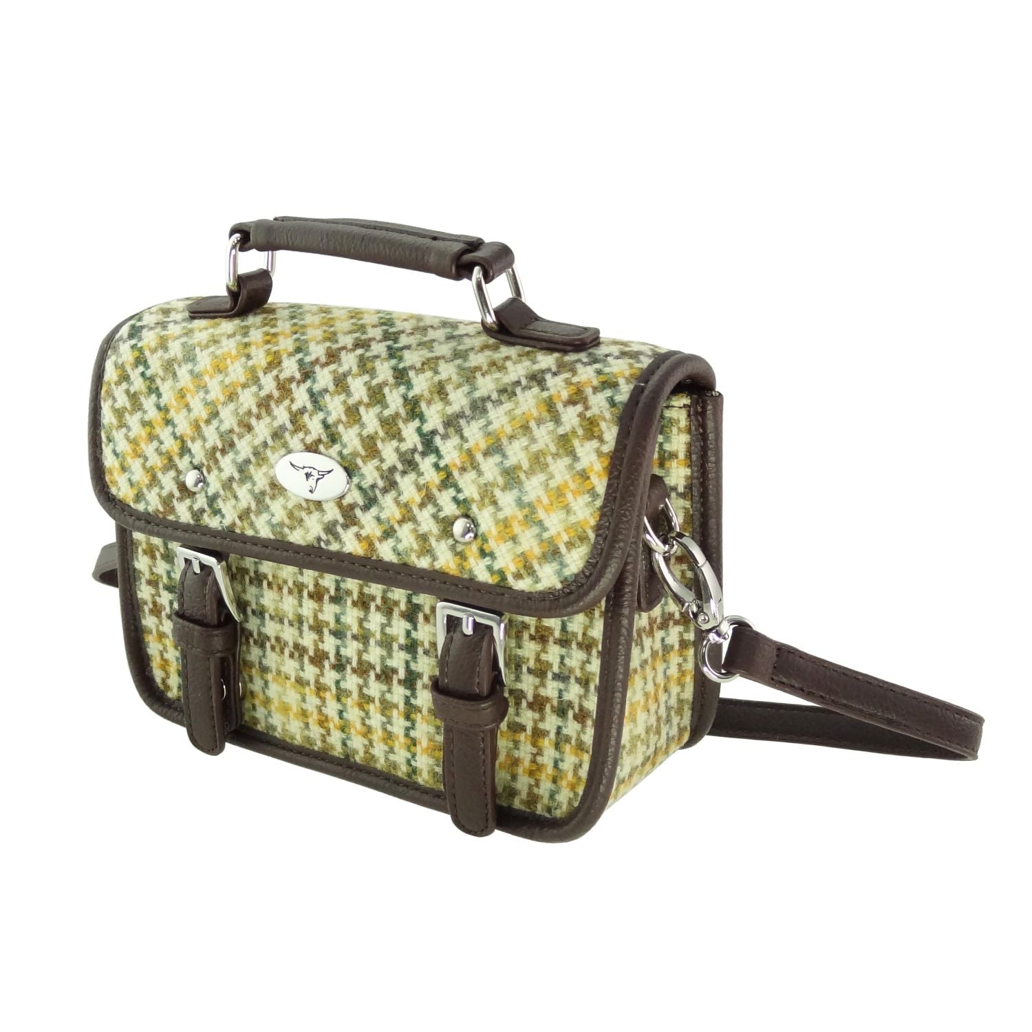 Harris Tweed Bervie Mini Satchel Bag Beige, Brown & Yellow Dogtooth | Harris Tweed Scotland