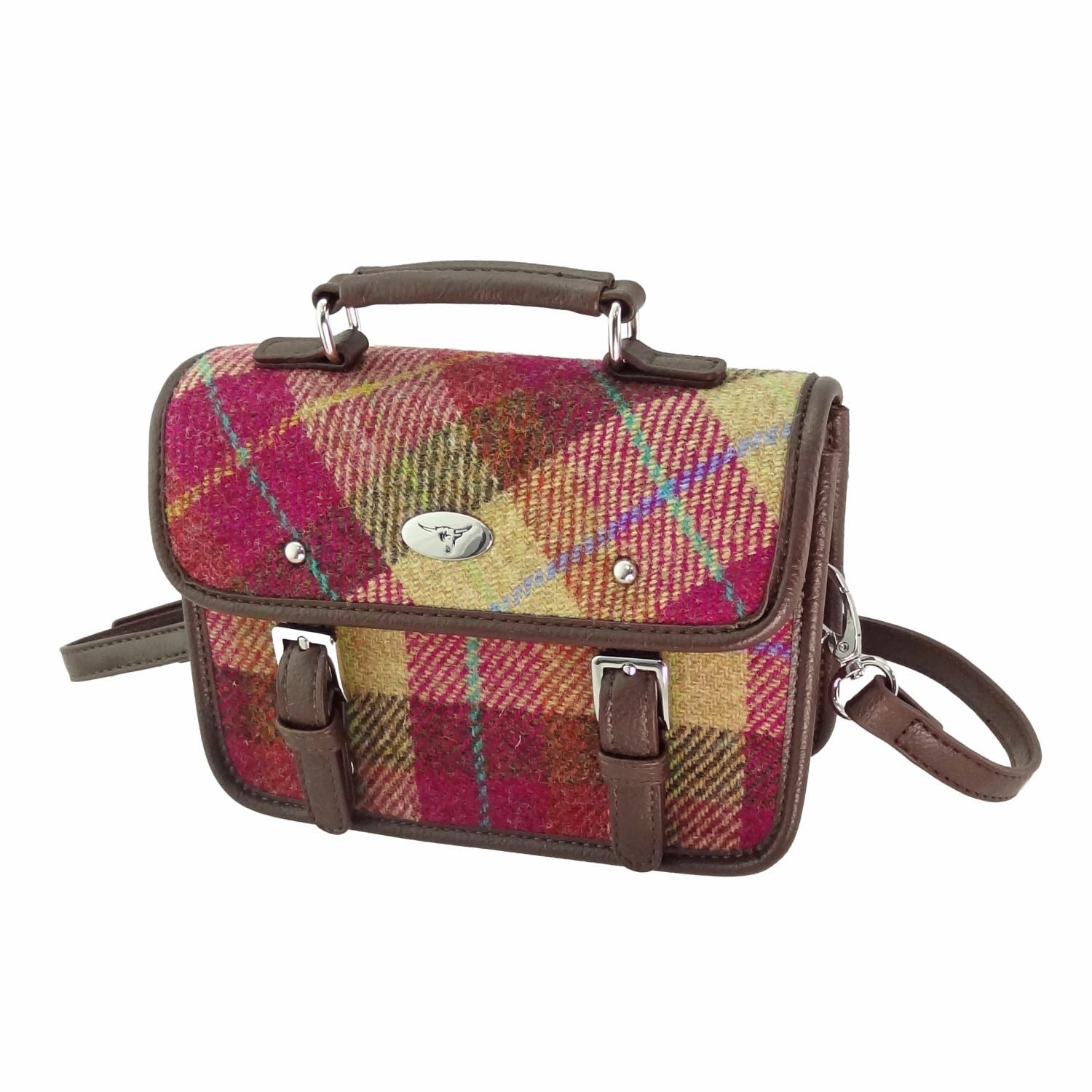 Glen Appin Harris Tweed Bervie Mini Satchel (Burgundy & Sand Tartan)