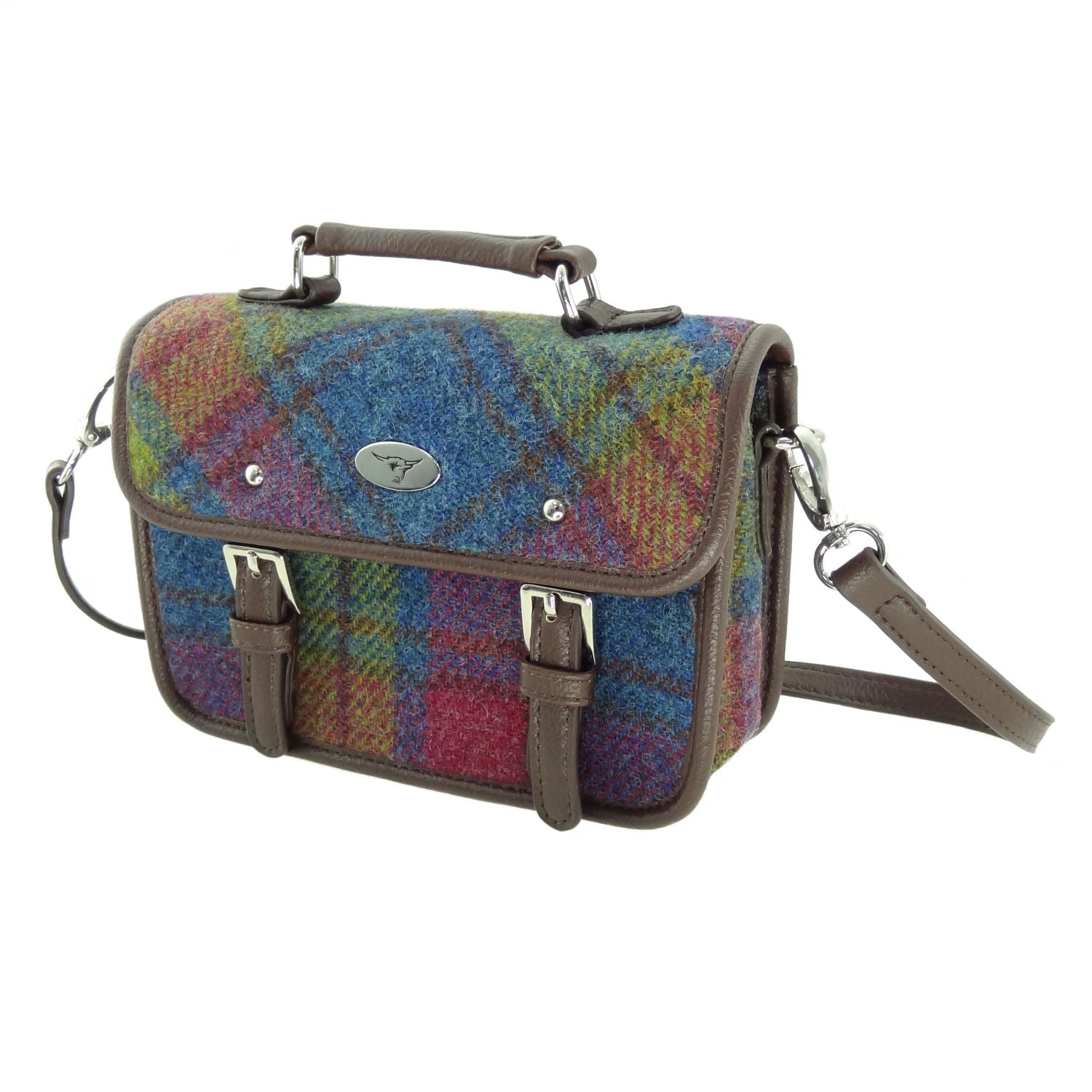 Harris Tweed Bervie Mini Satchel Bag Blue, Green & Purple Check - COL46 | Harris Tweed Scotland